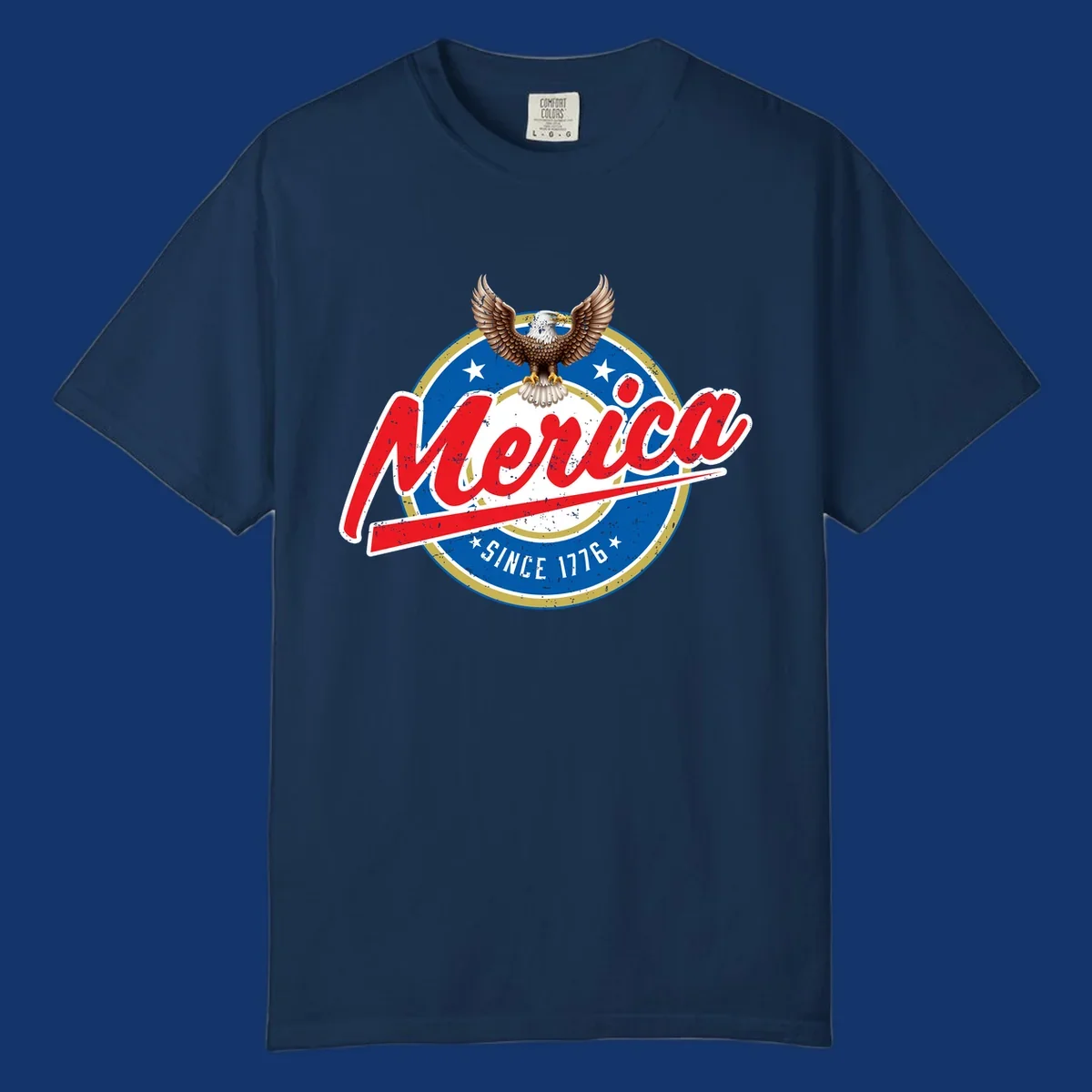 A patriotic merica-since-1776-eagle badge design with a bald eagle, stars, and distressed red and blue text.