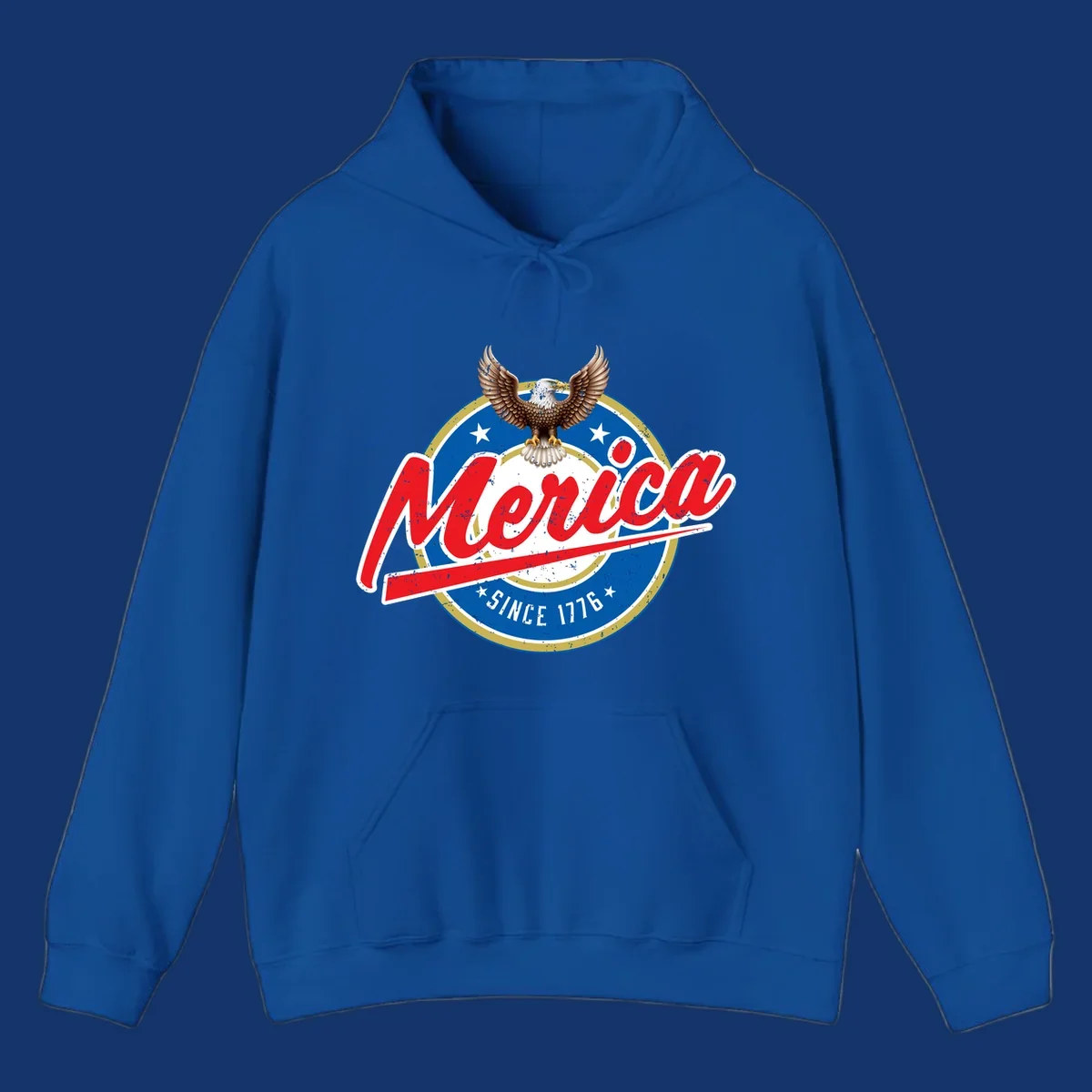 A patriotic merica-since-1776-eagle badge design with a bald eagle, stars, and distressed red and blue text.