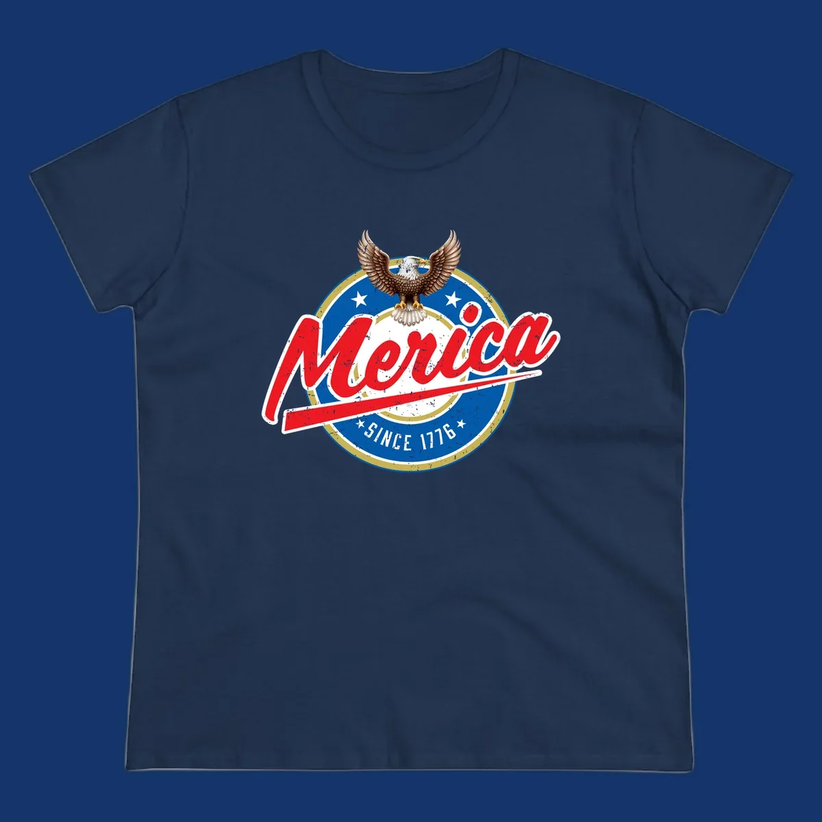 A patriotic merica-since-1776-eagle badge design with a bald eagle, stars, and distressed red and blue text.