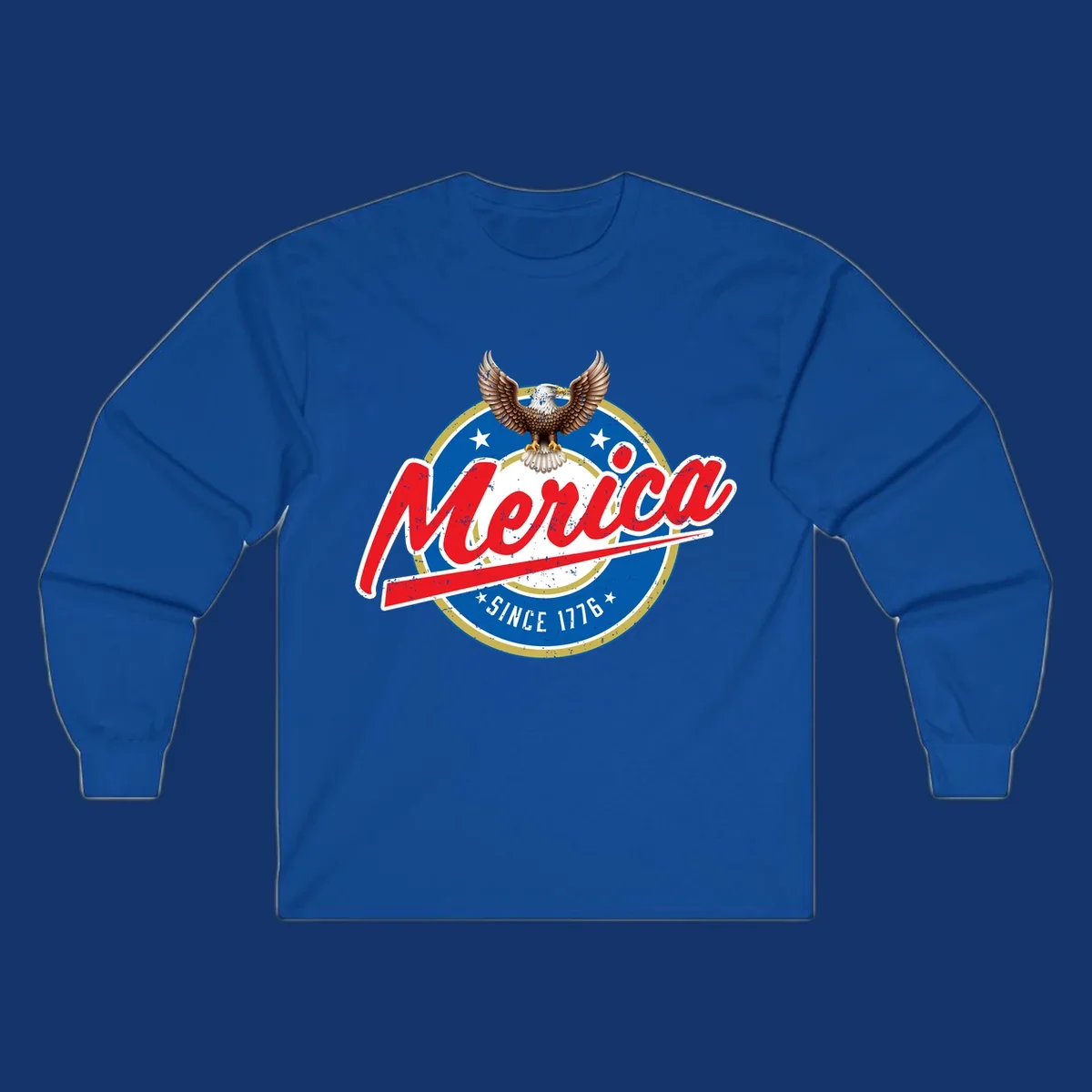 A patriotic merica-since-1776-eagle badge design with a bald eagle, stars, and distressed red and blue text.