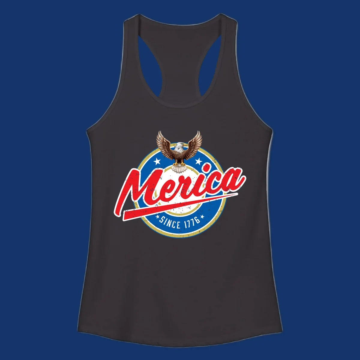 A patriotic merica-since-1776-eagle badge design with a bald eagle, stars, and distressed red and blue text.