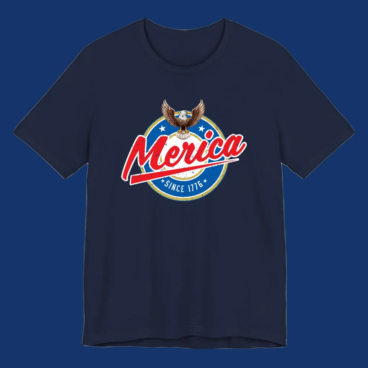 A patriotic merica-since-1776-eagle badge design with a bald eagle, stars, and distressed red and blue text.