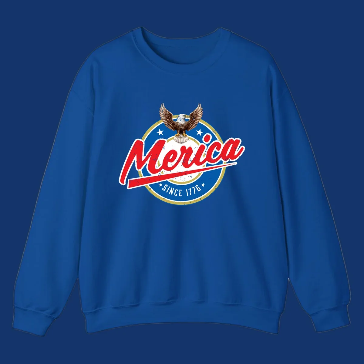 A patriotic merica-since-1776-eagle badge design with a bald eagle, stars, and distressed red and blue text.