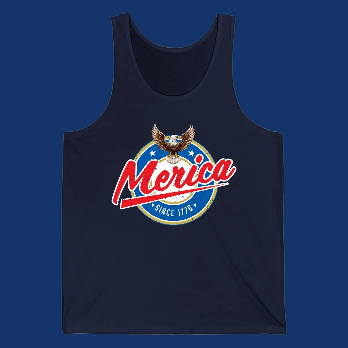 A patriotic merica-since-1776-eagle badge design with a bald eagle, stars, and distressed red and blue text.