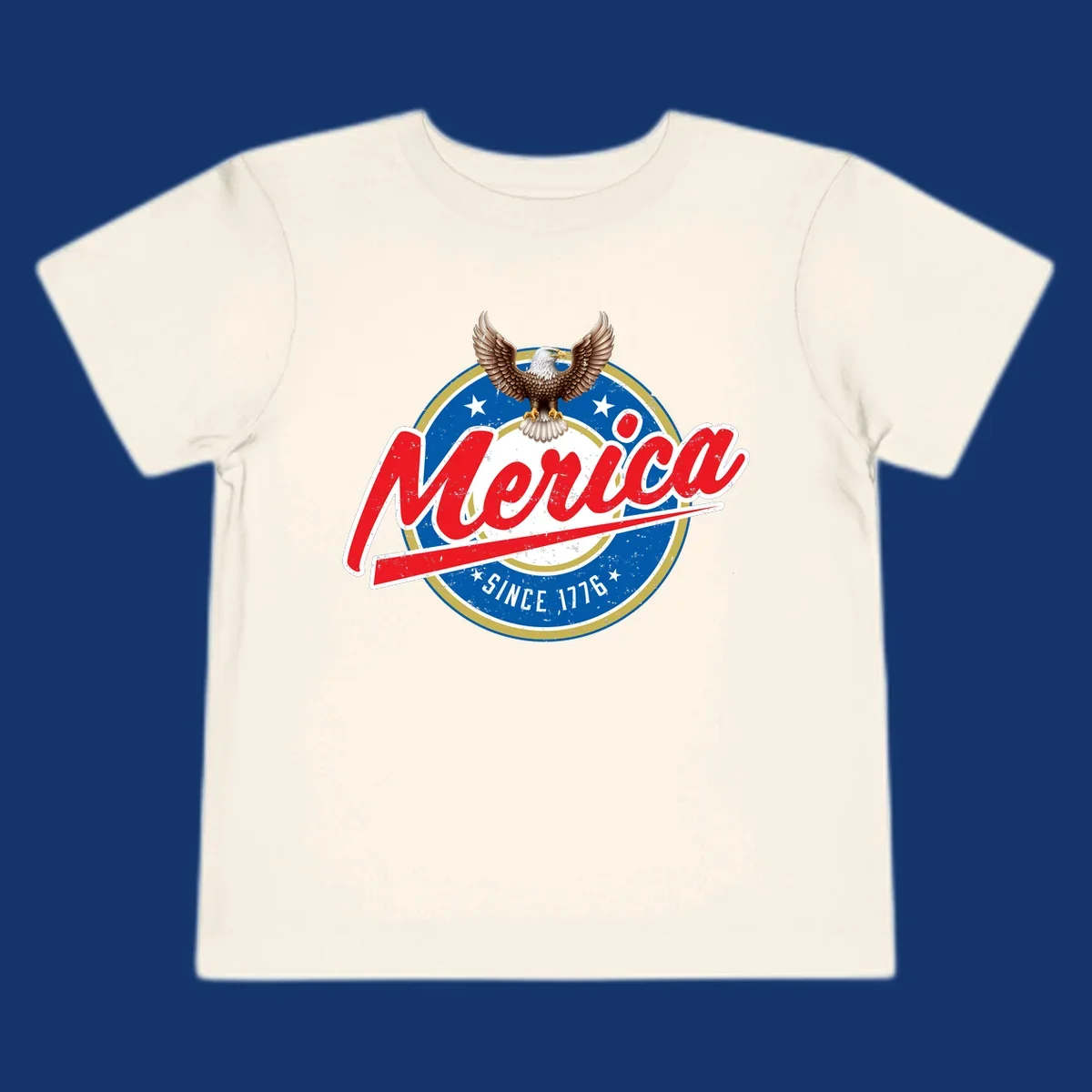 A patriotic merica-since-1776-eagle badge design with a bald eagle, stars, and distressed red and blue text.