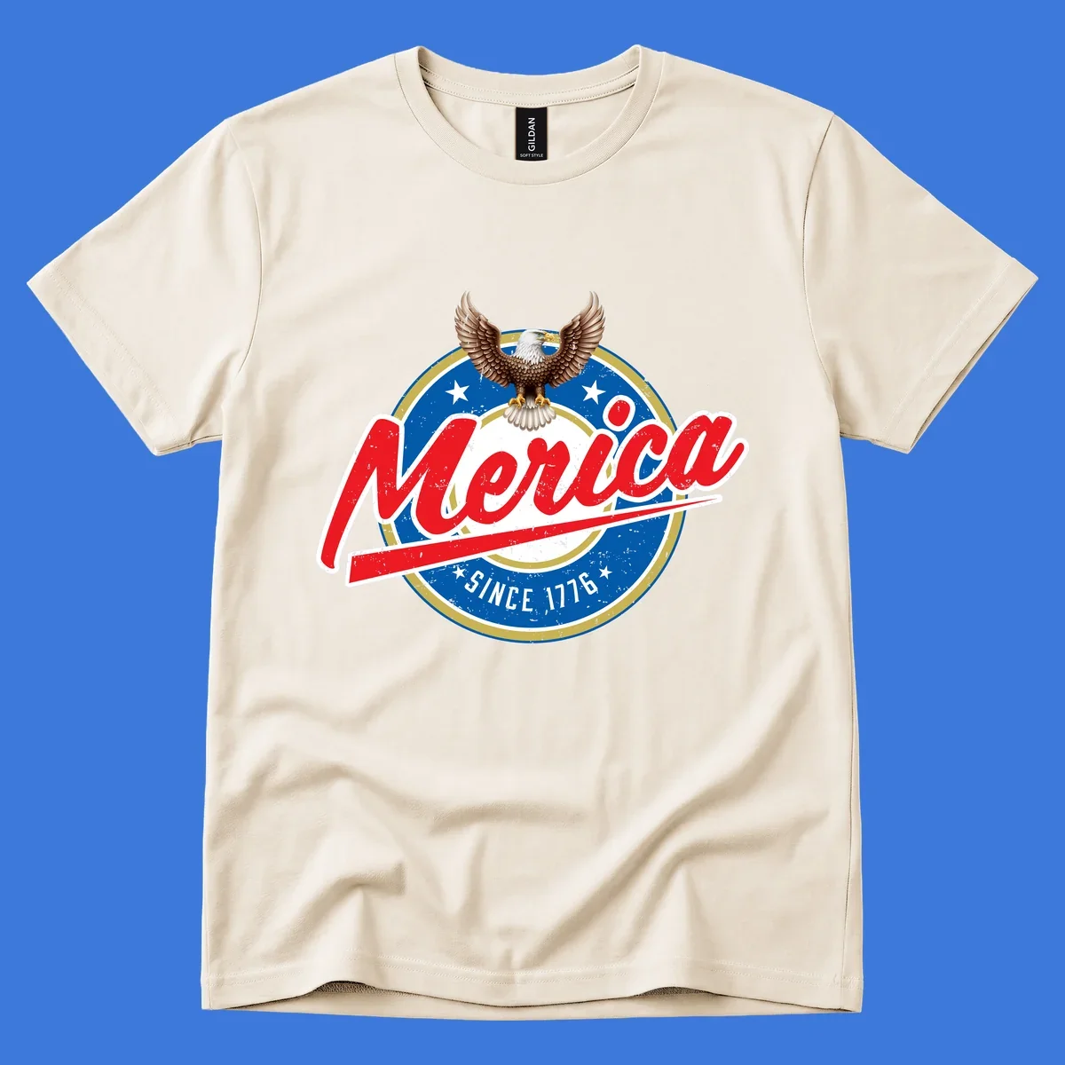 A patriotic merica-since-1776-eagle badge design with a bald eagle, stars, and distressed red and blue text.