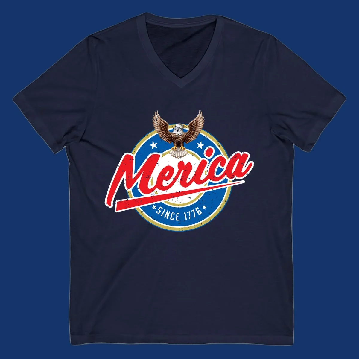 A patriotic merica-since-1776-eagle badge design with a bald eagle, stars, and distressed red and blue text.