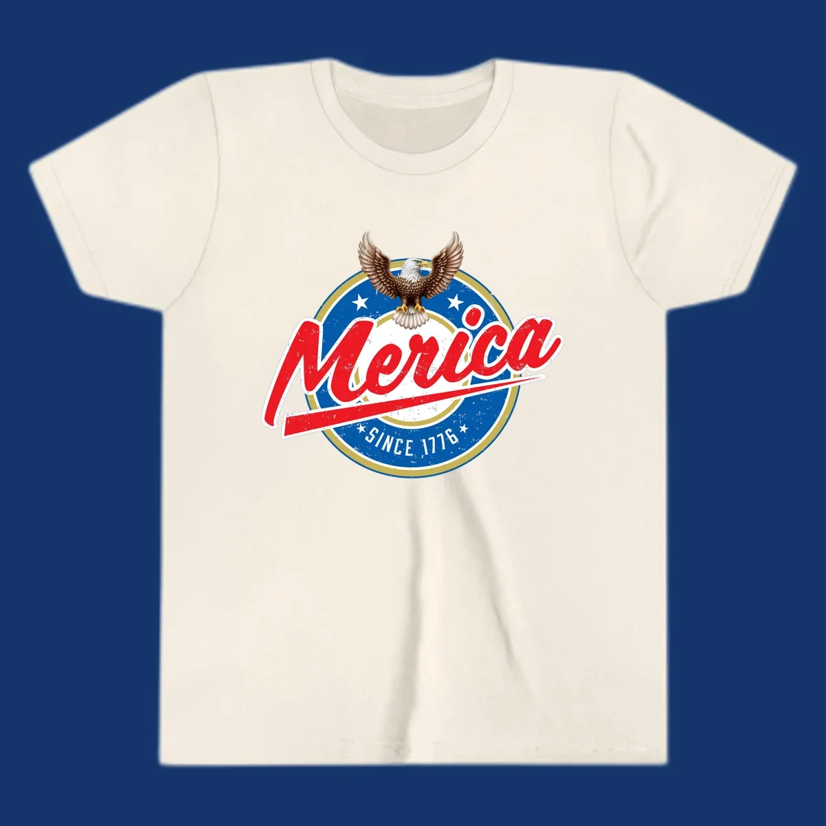 A patriotic merica-since-1776-eagle badge design with a bald eagle, stars, and distressed red and blue text.