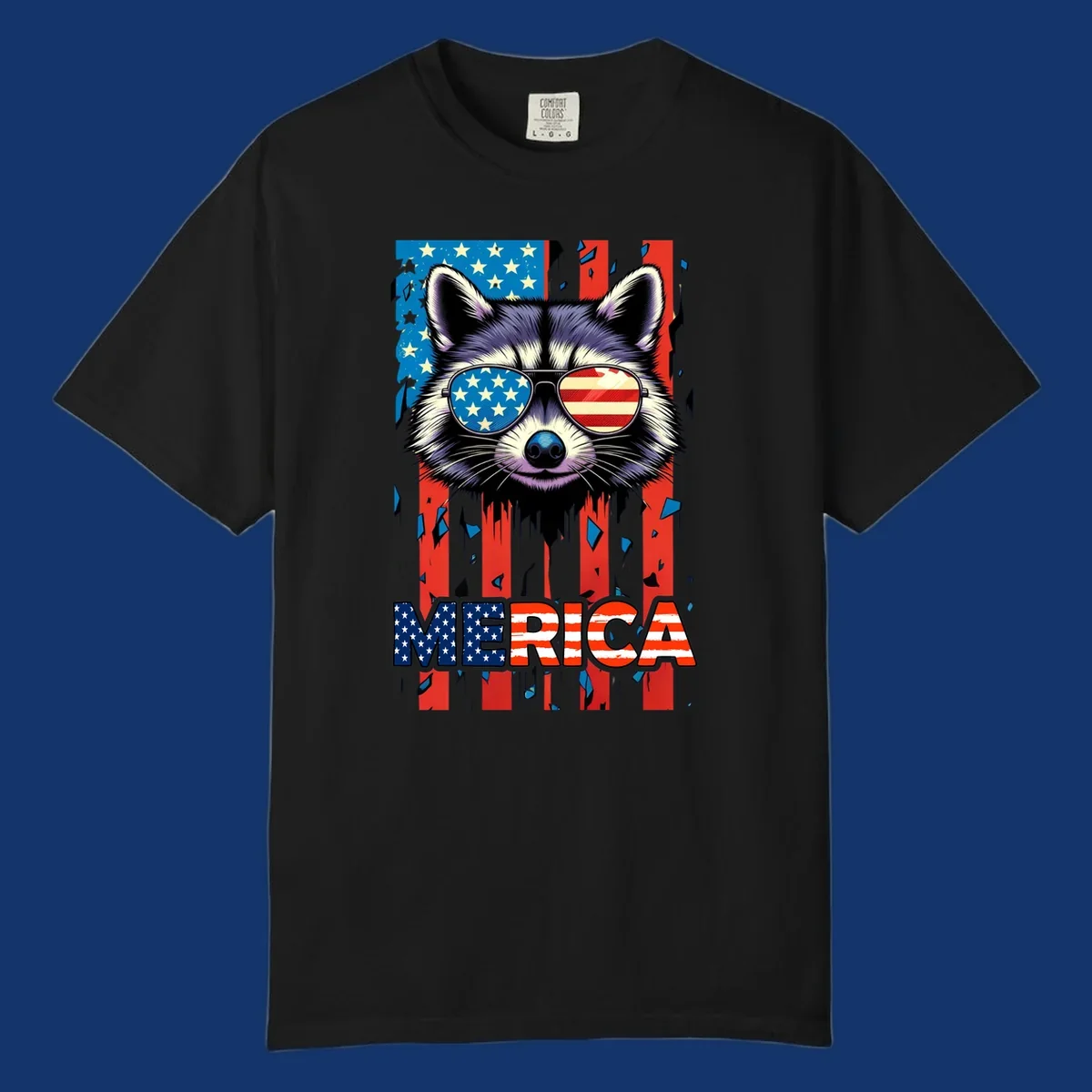 A patriotic raccoon wearing sunglasses with the American flag reflected in the lenses, and the word MERICA below, perfect for a raccoon-merica-sunglasses design.