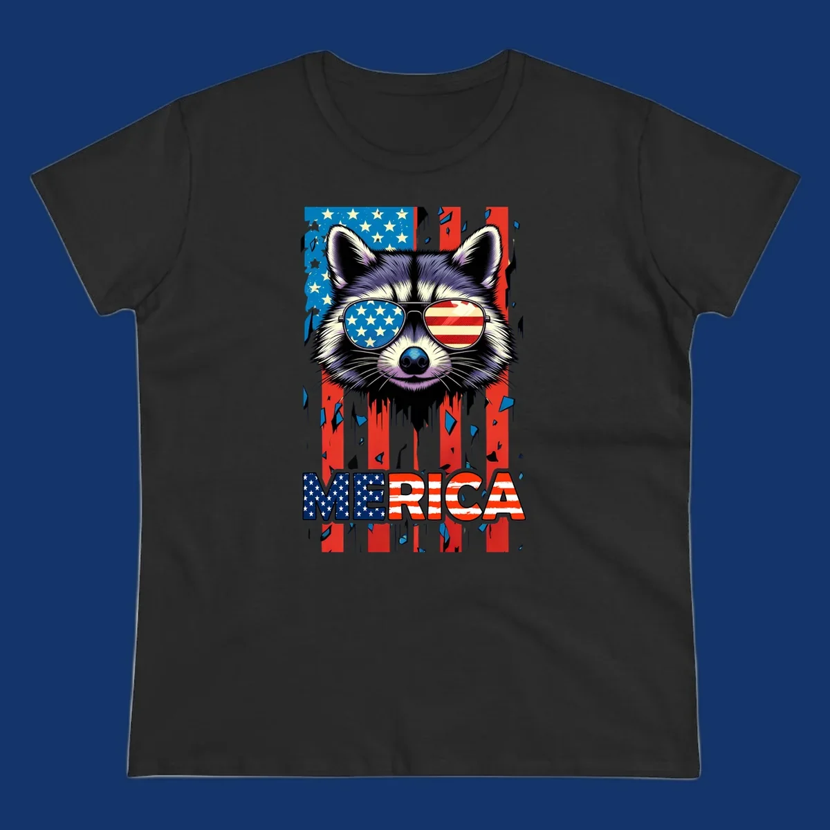 A patriotic raccoon wearing sunglasses with the American flag reflected in the lenses, and the word MERICA below, perfect for a raccoon-merica-sunglasses design.