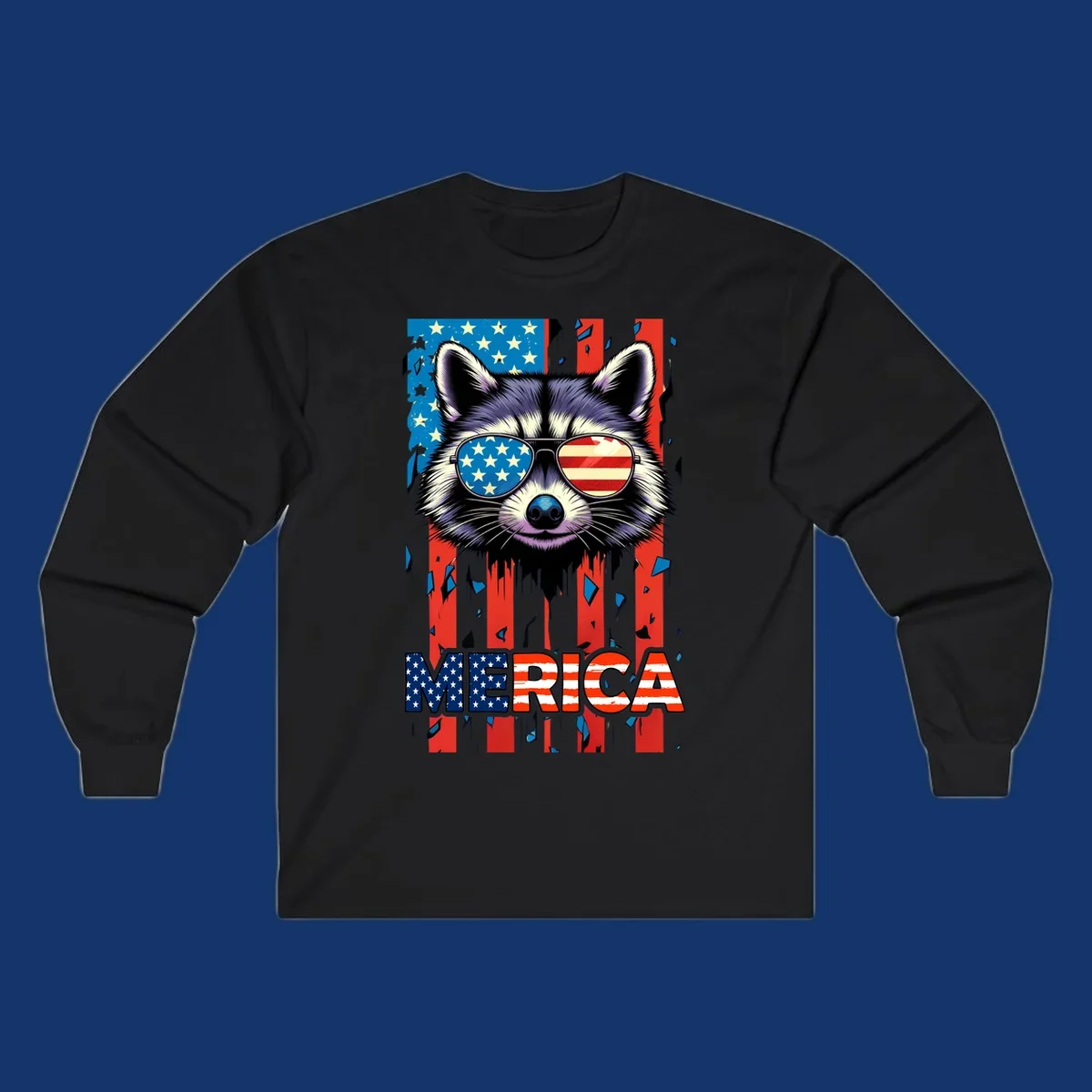 A patriotic raccoon wearing sunglasses with the American flag reflected in the lenses, and the word MERICA below, perfect for a raccoon-merica-sunglasses design.
