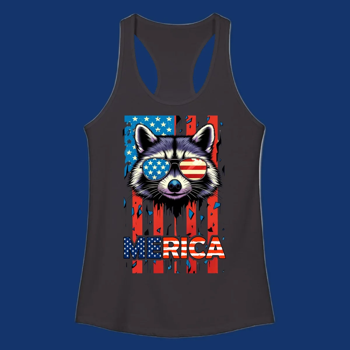 A patriotic raccoon wearing sunglasses with the American flag reflected in the lenses, and the word MERICA below, perfect for a raccoon-merica-sunglasses design.
