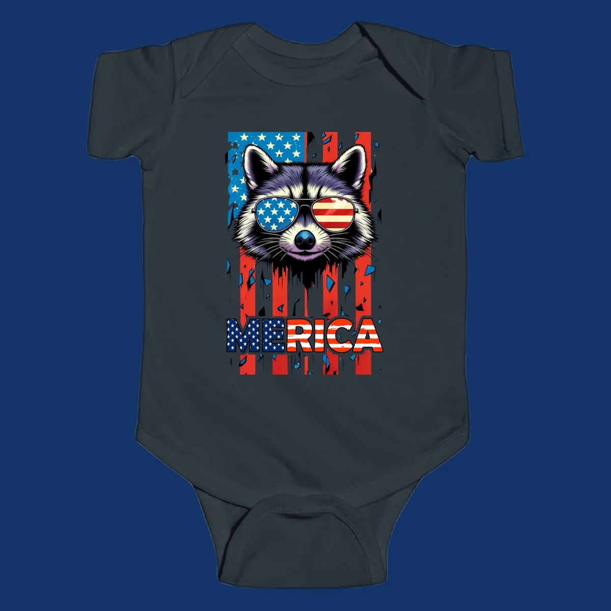 A patriotic raccoon wearing sunglasses with the American flag reflected in the lenses, and the word MERICA below, perfect for a raccoon-merica-sunglasses design.