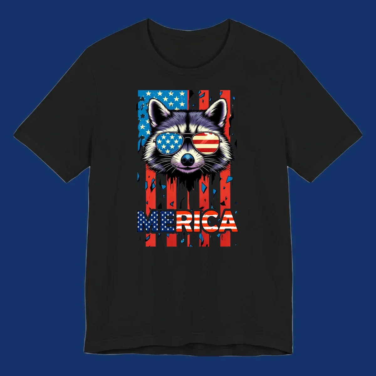A patriotic raccoon wearing sunglasses with the American flag reflected in the lenses, and the word MERICA below, perfect for a raccoon-merica-sunglasses design.