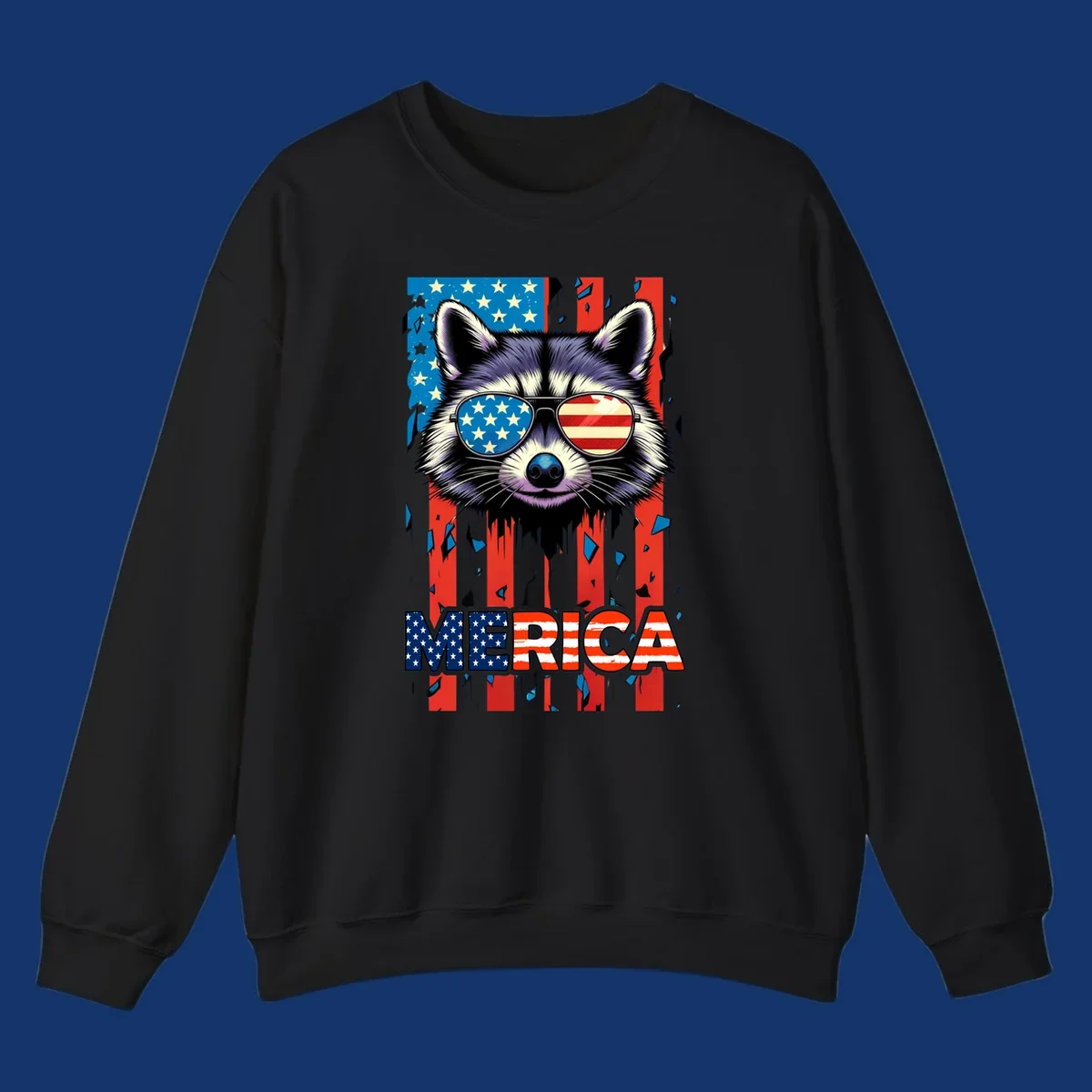 A patriotic raccoon wearing sunglasses with the American flag reflected in the lenses, and the word MERICA below, perfect for a raccoon-merica-sunglasses design.