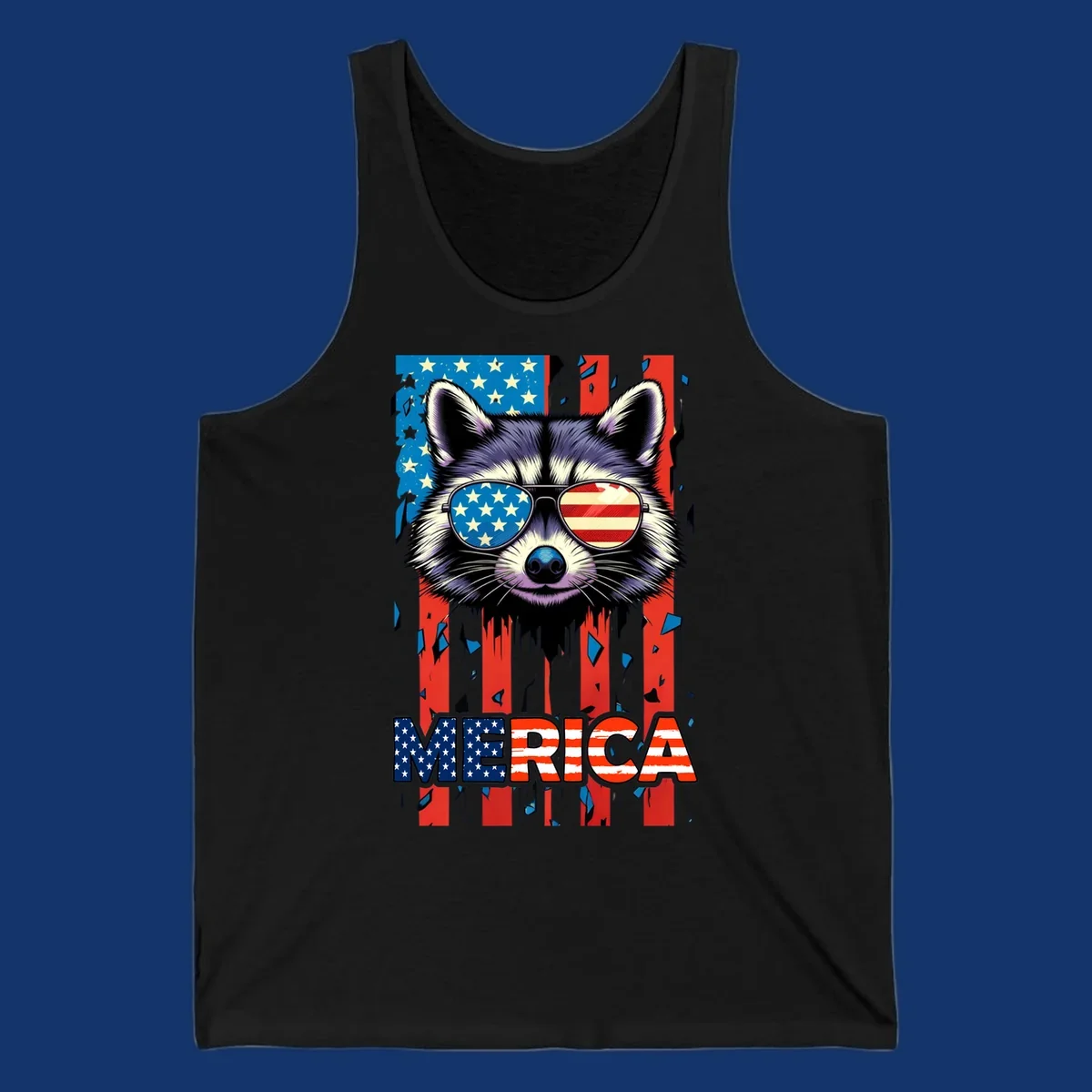 A patriotic raccoon wearing sunglasses with the American flag reflected in the lenses, and the word MERICA below, perfect for a raccoon-merica-sunglasses design.