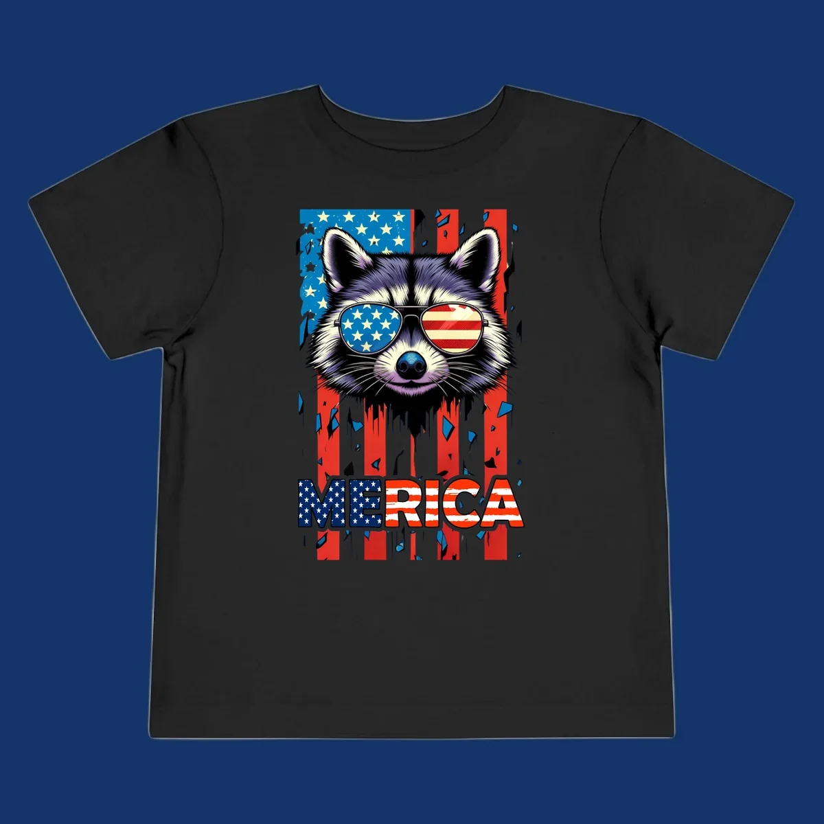 A patriotic raccoon wearing sunglasses with the American flag reflected in the lenses, and the word MERICA below, perfect for a raccoon-merica-sunglasses design.