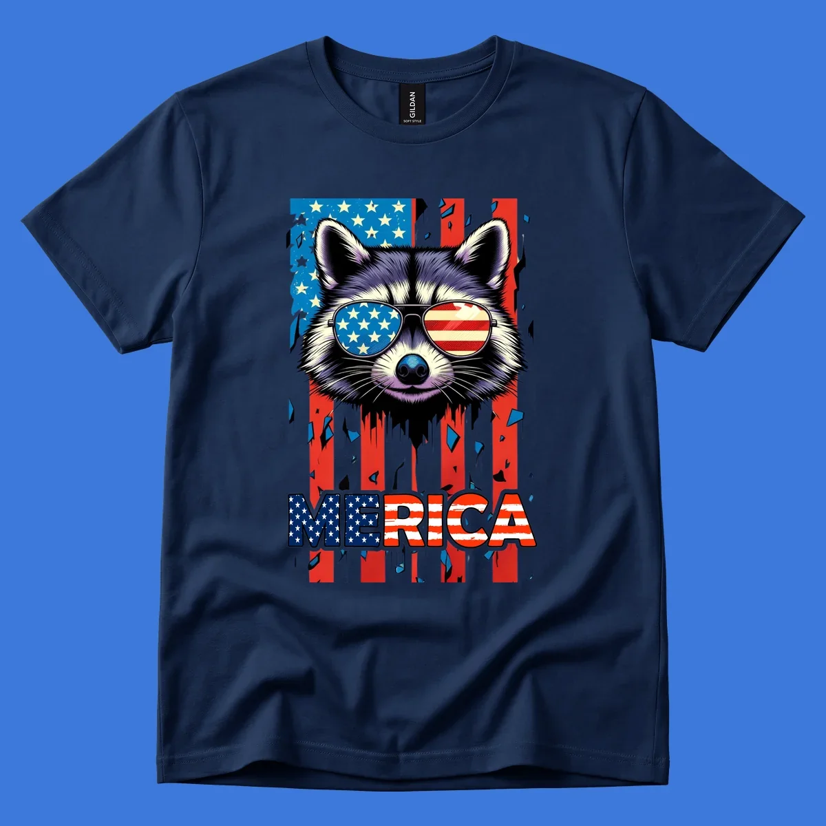 A patriotic raccoon wearing sunglasses with the American flag reflected in the lenses, and the word MERICA below, perfect for a raccoon-merica-sunglasses design.