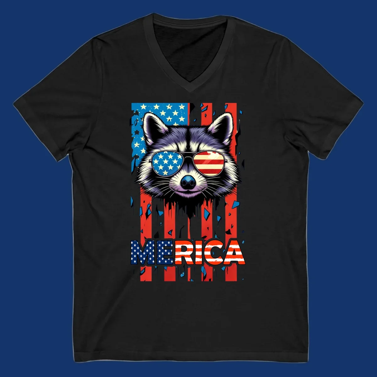 A patriotic raccoon wearing sunglasses with the American flag reflected in the lenses, and the word MERICA below, perfect for a raccoon-merica-sunglasses design.
