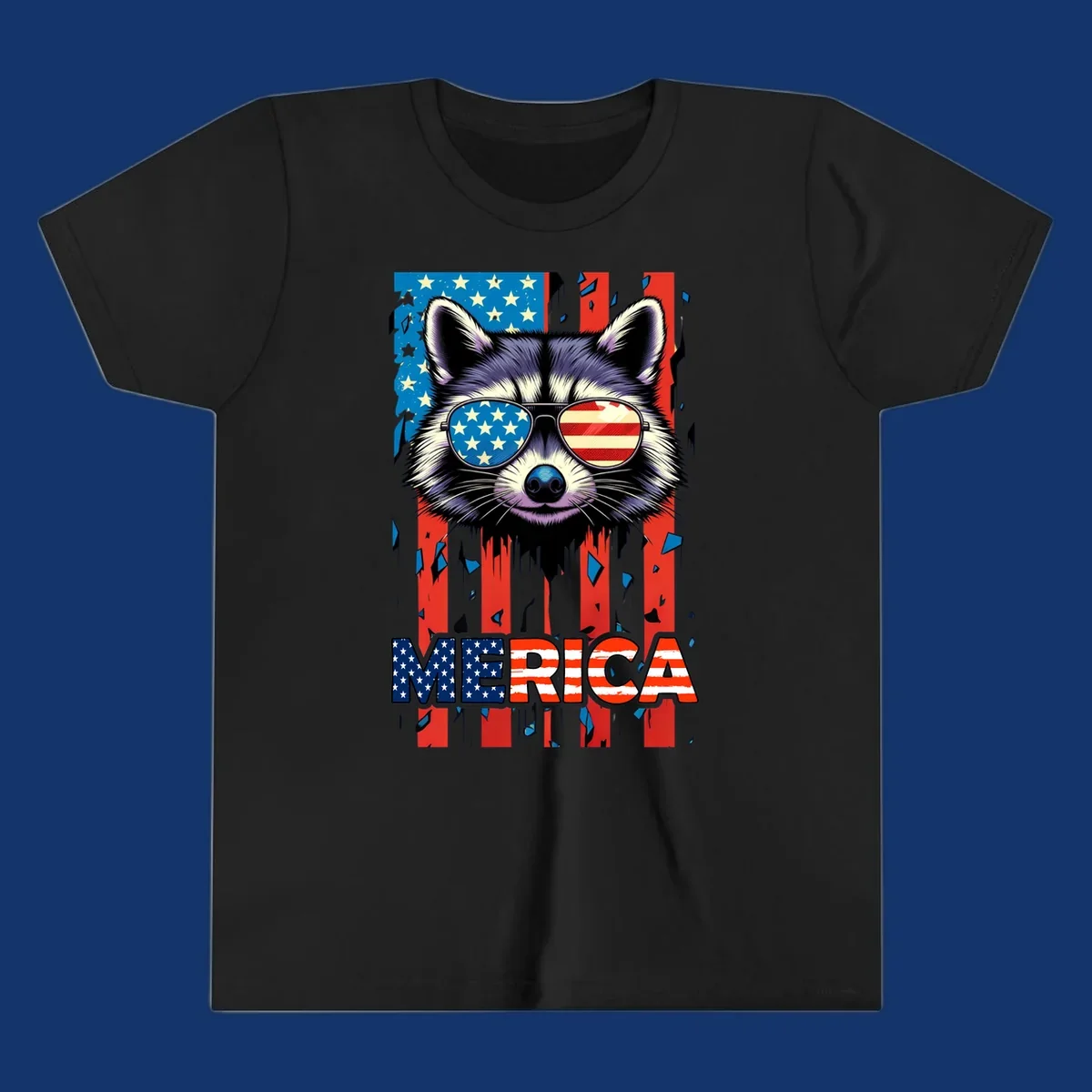 A patriotic raccoon wearing sunglasses with the American flag reflected in the lenses, and the word MERICA below, perfect for a raccoon-merica-sunglasses design.