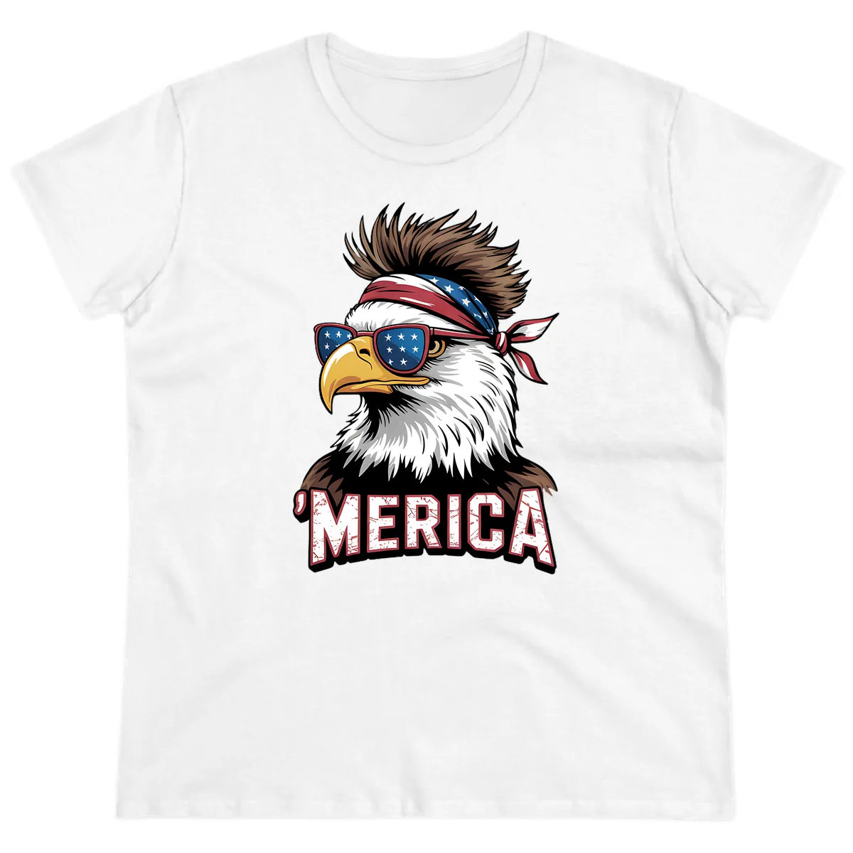 Merica Bald Eagle with USA Bandana and Shades Ladies Tee in White