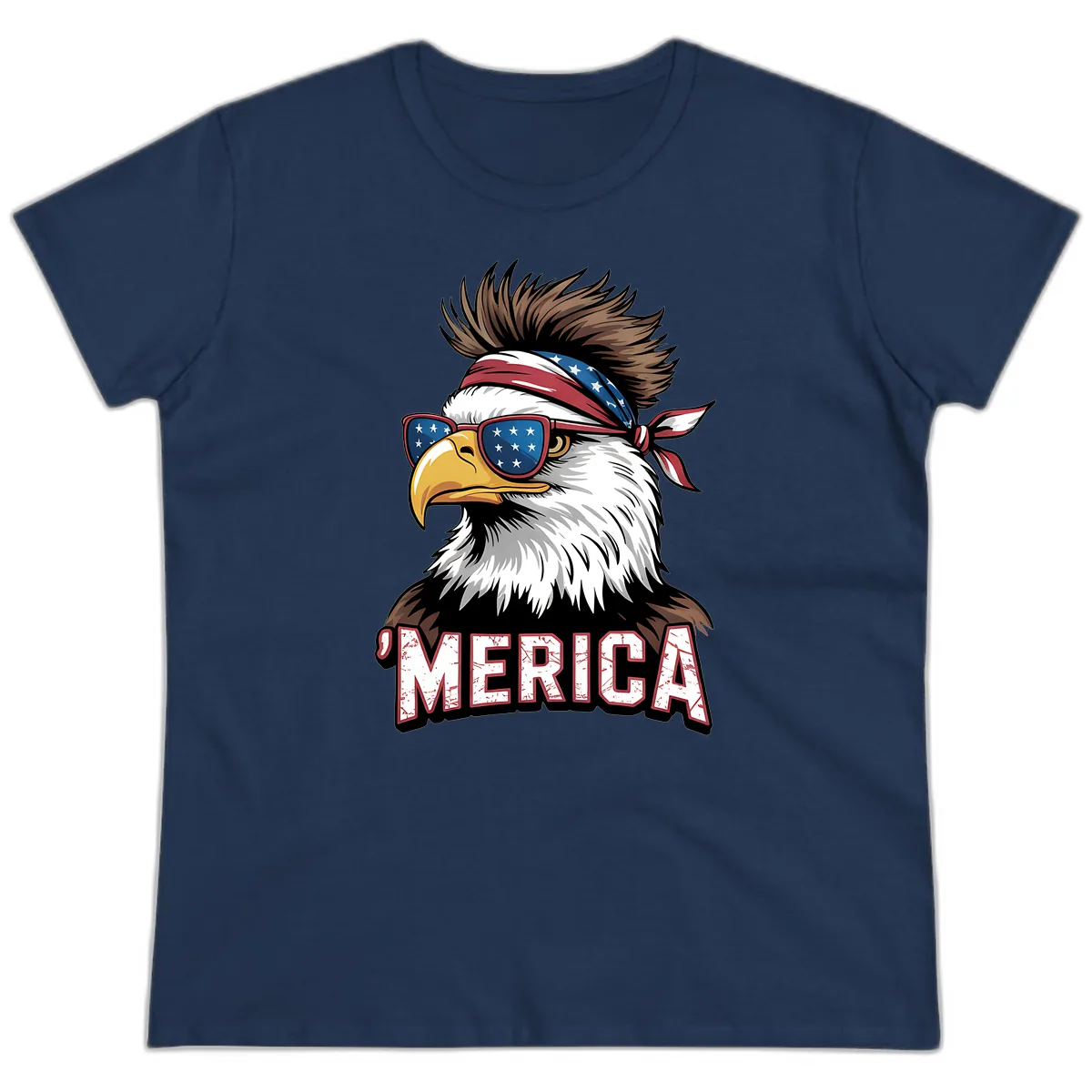 Merica Bald Eagle with USA Bandana and Shades Ladies Tee in Navy