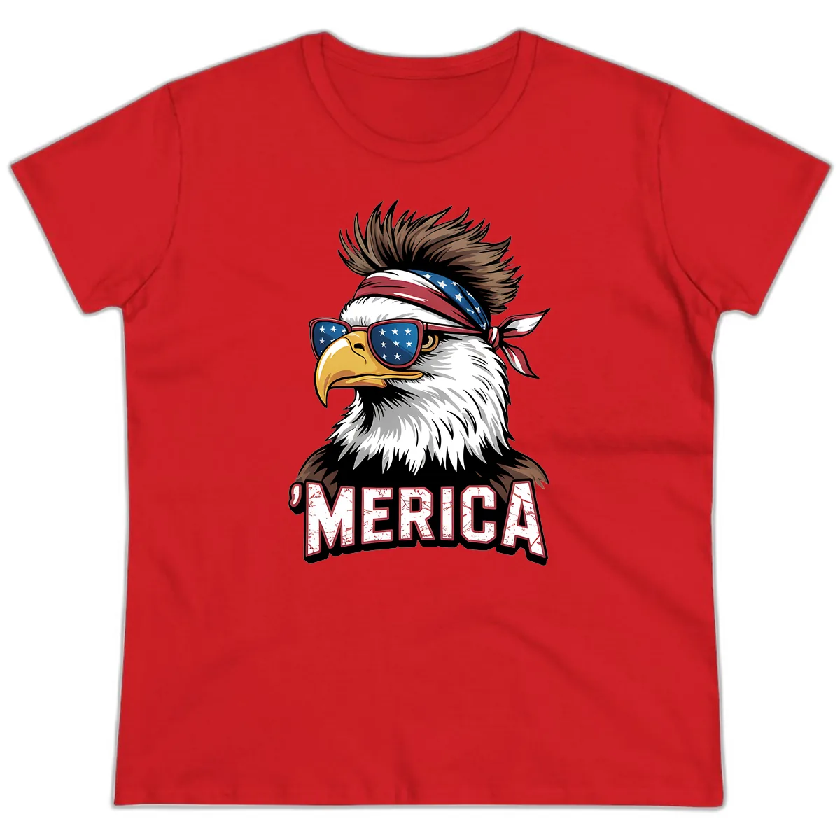 Merica Bald Eagle with USA Bandana and Shades Ladies Tee in Red