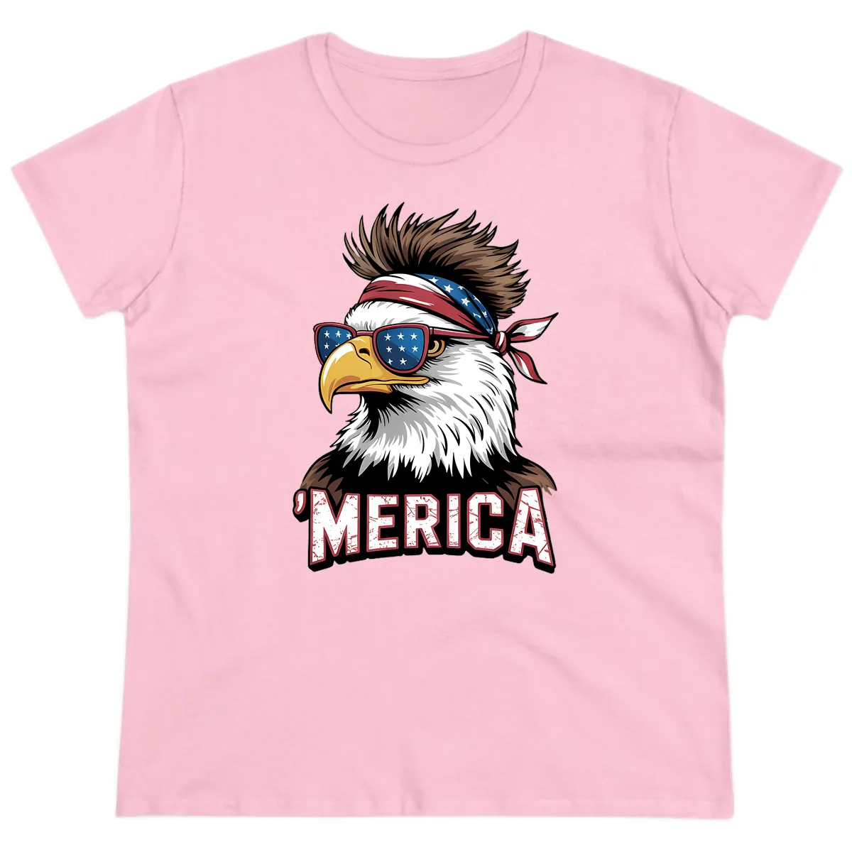 Merica Bald Eagle with USA Bandana and Shades Ladies Tee in Light Pink
