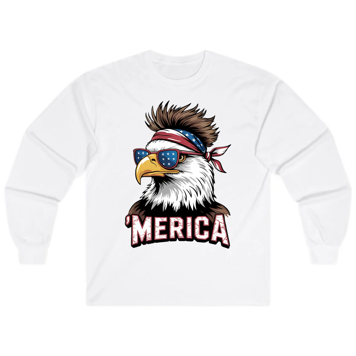 Merica Bald Eagle with USA Bandana and Shades Long Sleeve in White