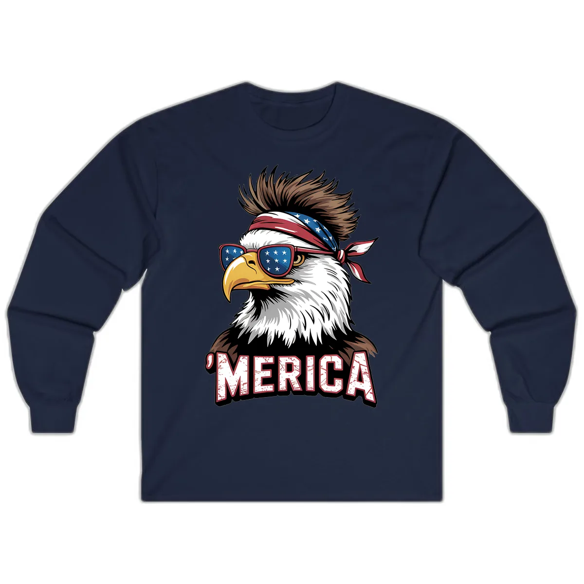 Merica Bald Eagle with USA Bandana and Shades Long Sleeve in Navy