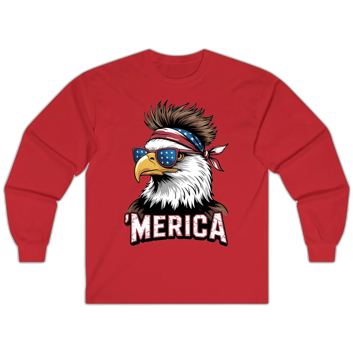 Merica Bald Eagle with USA Bandana and Shades Long Sleeve in Red