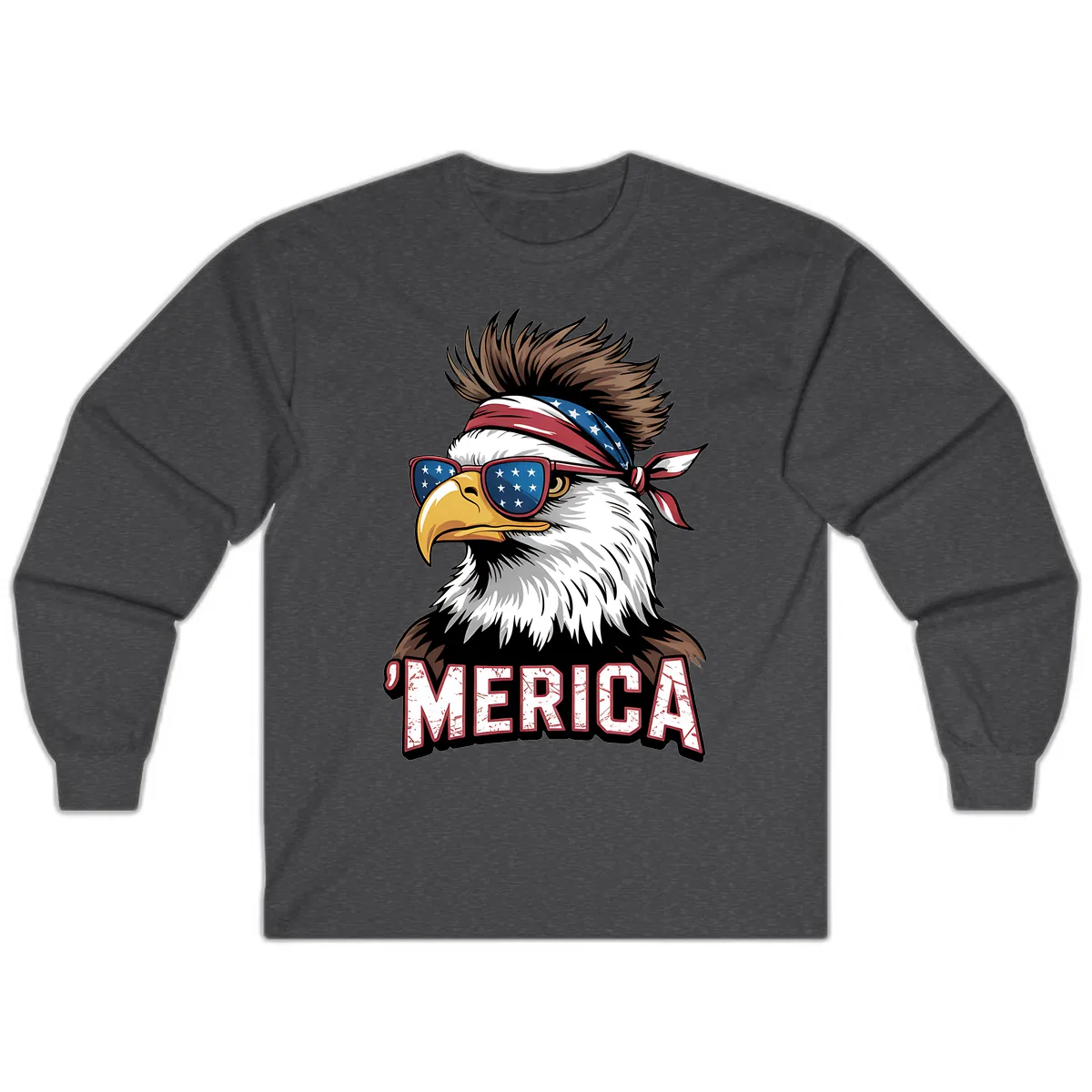 Merica Bald Eagle with USA Bandana and Shades Long Sleeve in Dark Heather
