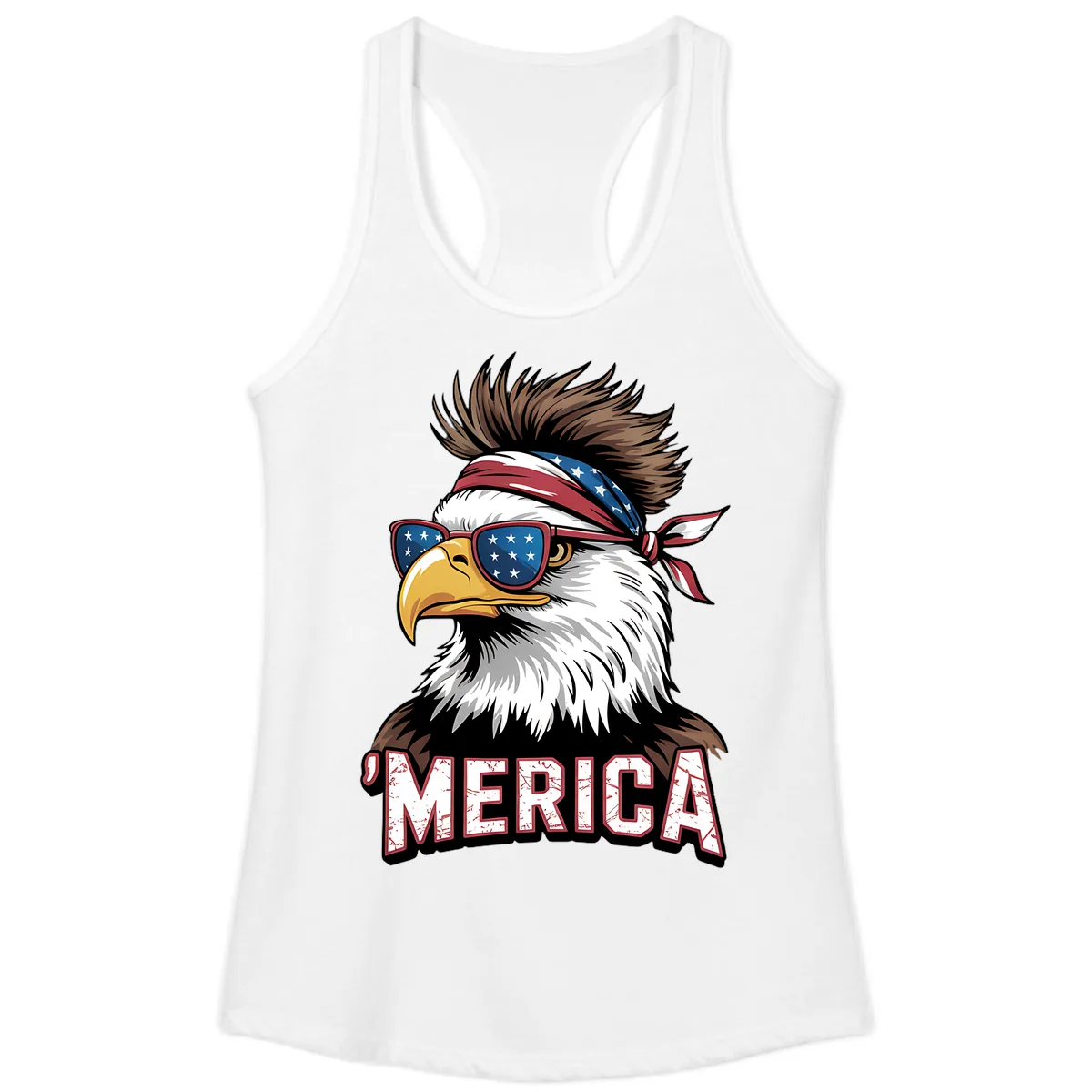 Merica Bald Eagle with USA Bandana and Shades Ladies Tank in White