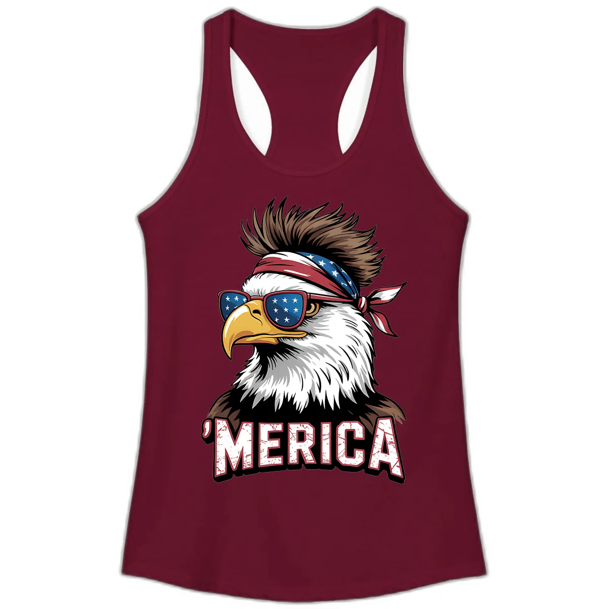Merica Bald Eagle with USA Bandana and Shades Ladies Tank in Solid Cardinal Red
