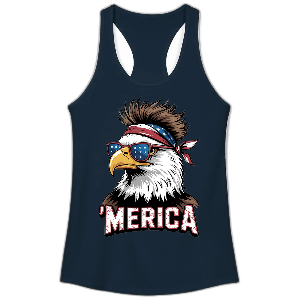 Merica Bald Eagle with USA Bandana and Shades Ladies Tank in Solid Midnight Navy