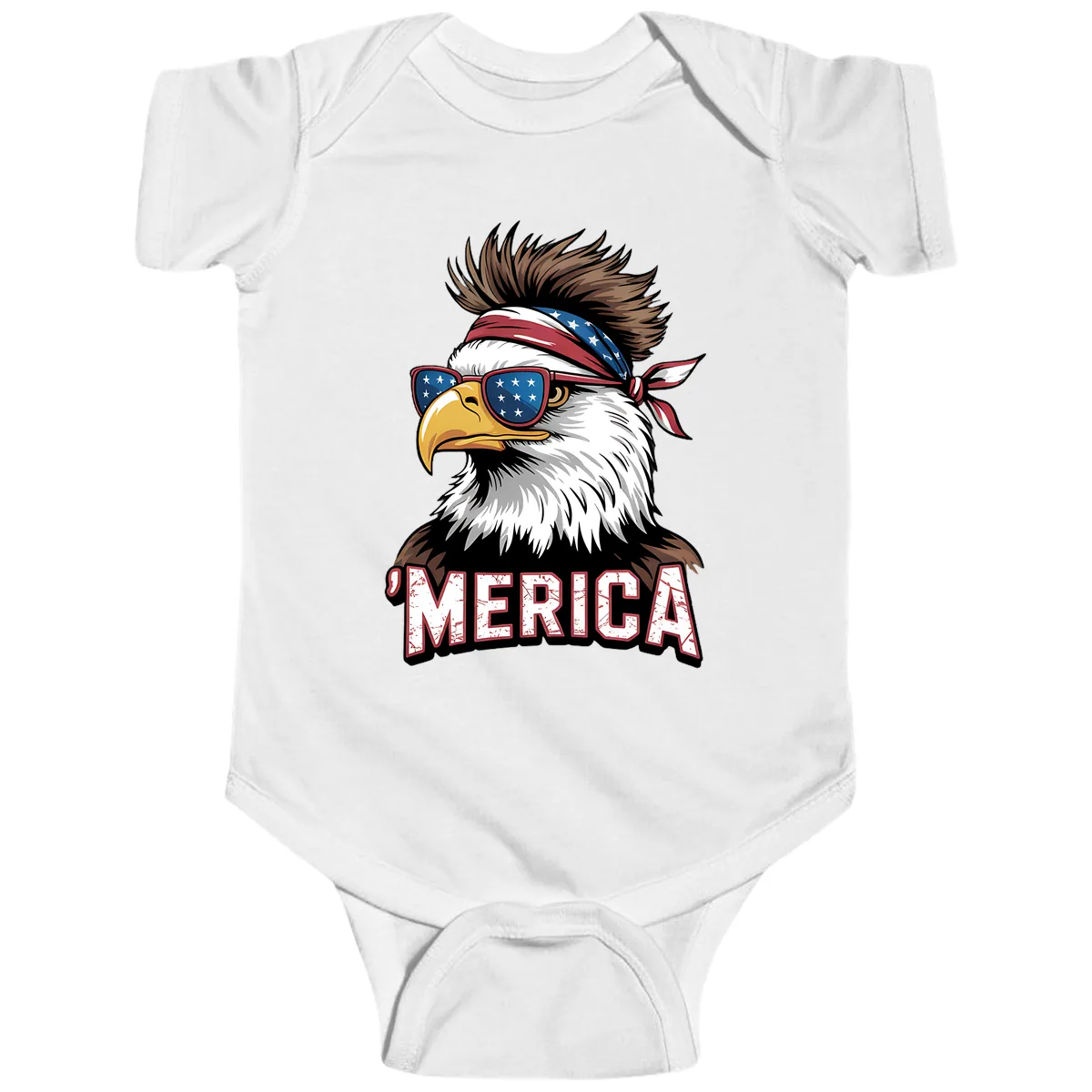 Merica Bald Eagle with USA Bandana and Shades Baby Onesie in White