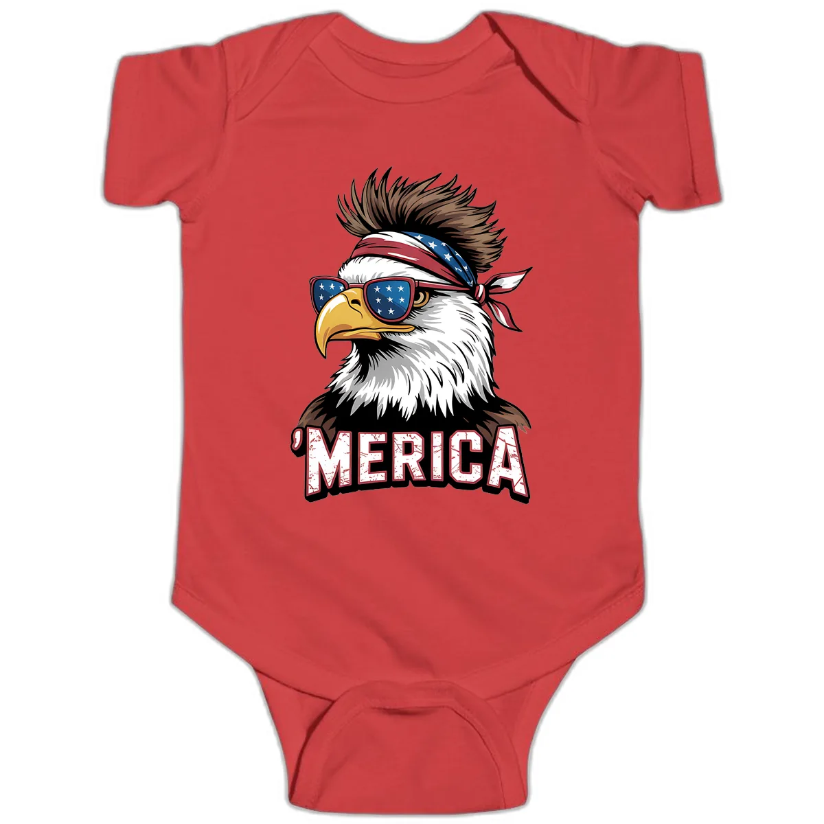 Merica Bald Eagle with USA Bandana and Shades Baby Onesie in Red