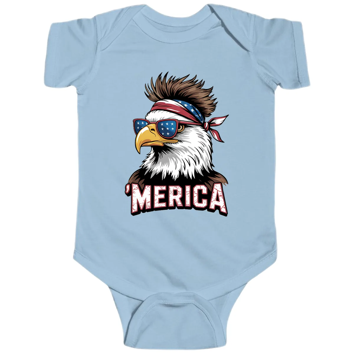 Merica Bald Eagle with USA Bandana and Shades Baby Onesie in Light Blue