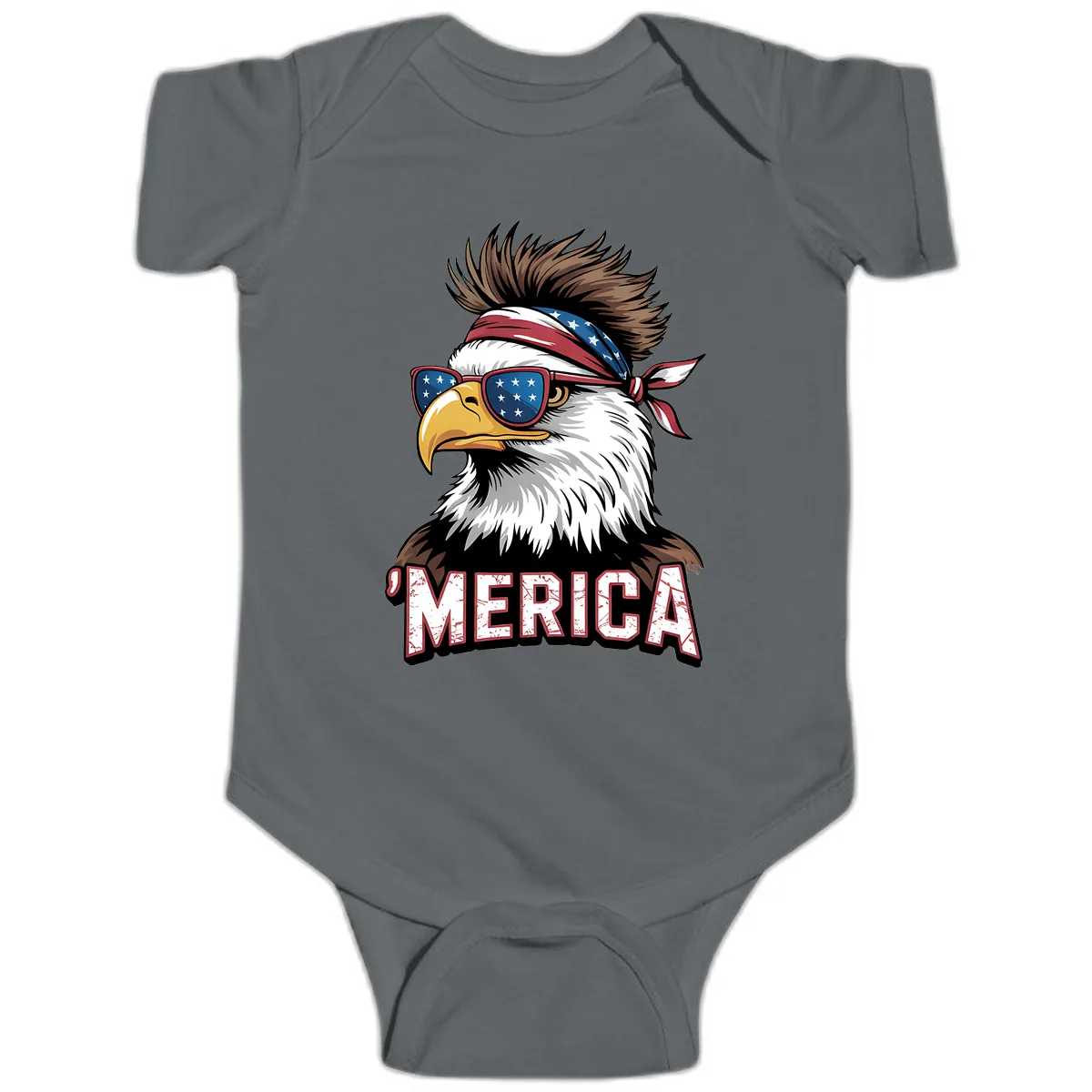 Merica Bald Eagle with USA Bandana and Shades Baby Onesie in Charcoal