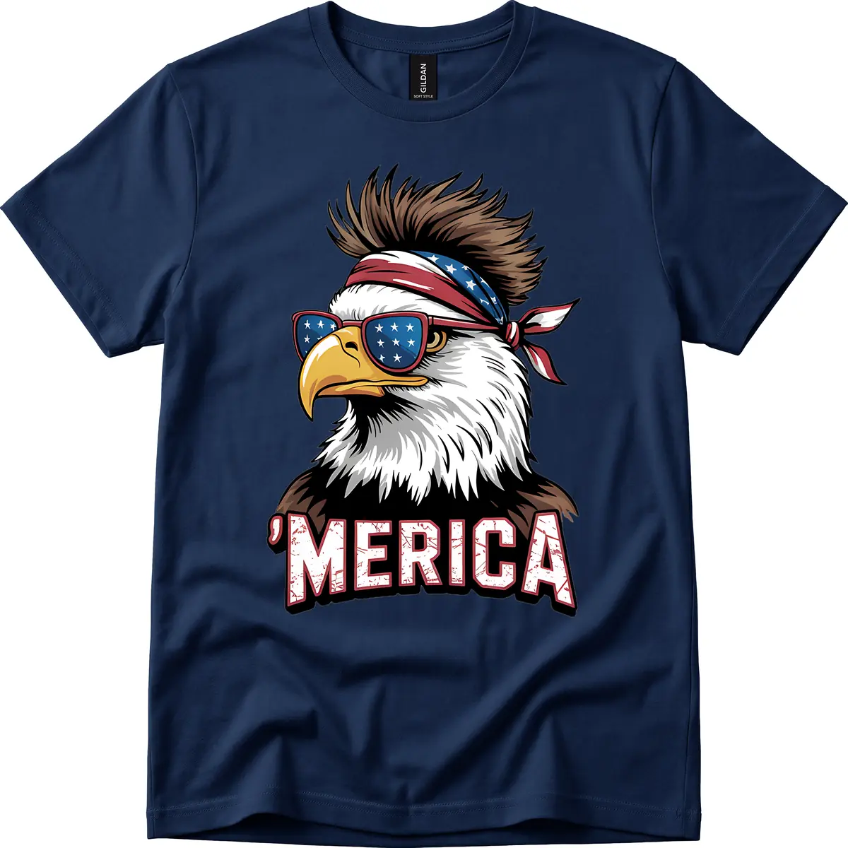 Merica Bald Eagle with USA Bandana and Shades T-Shirt in Navy