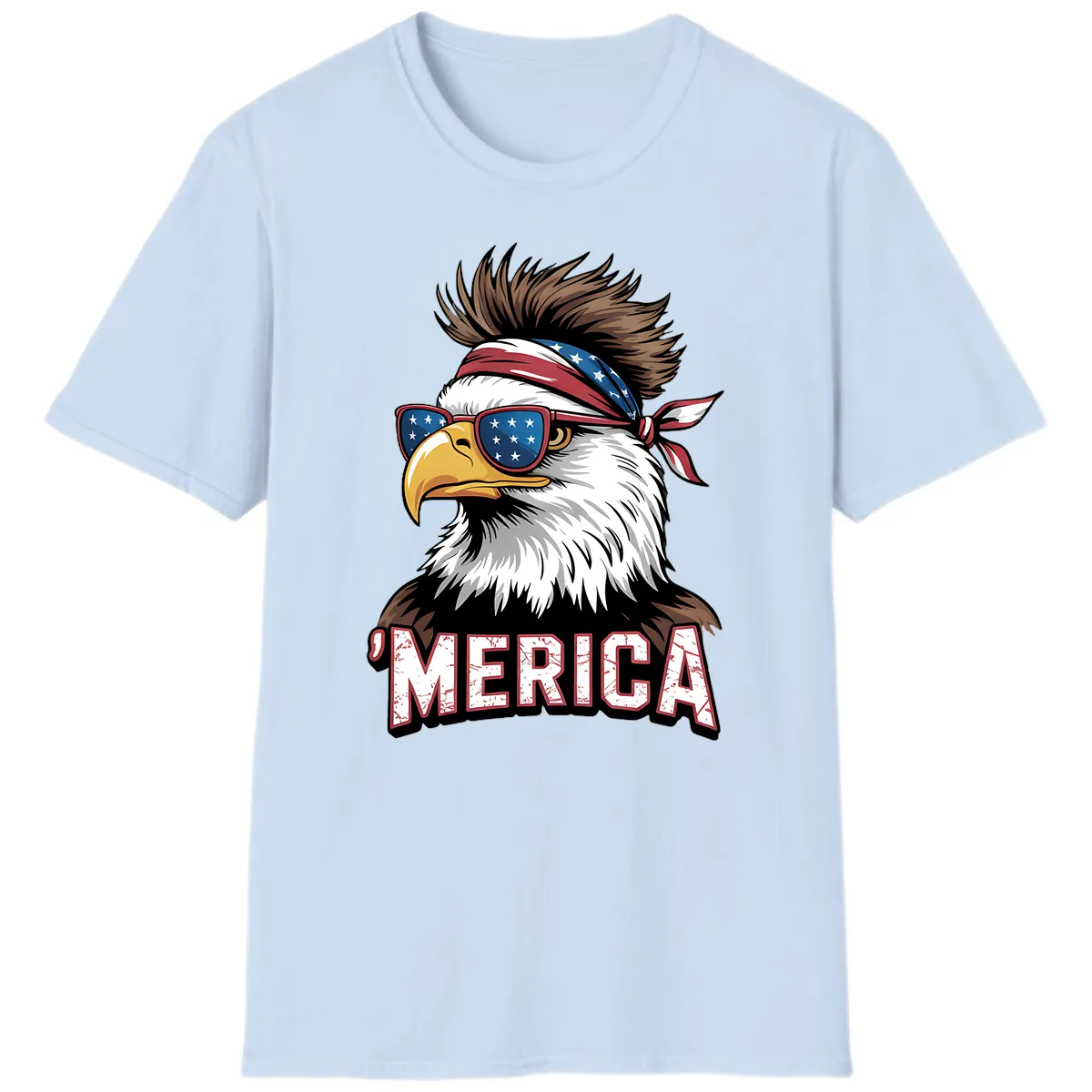 Merica Bald Eagle with USA Bandana and Shades T-Shirt in Light Blue