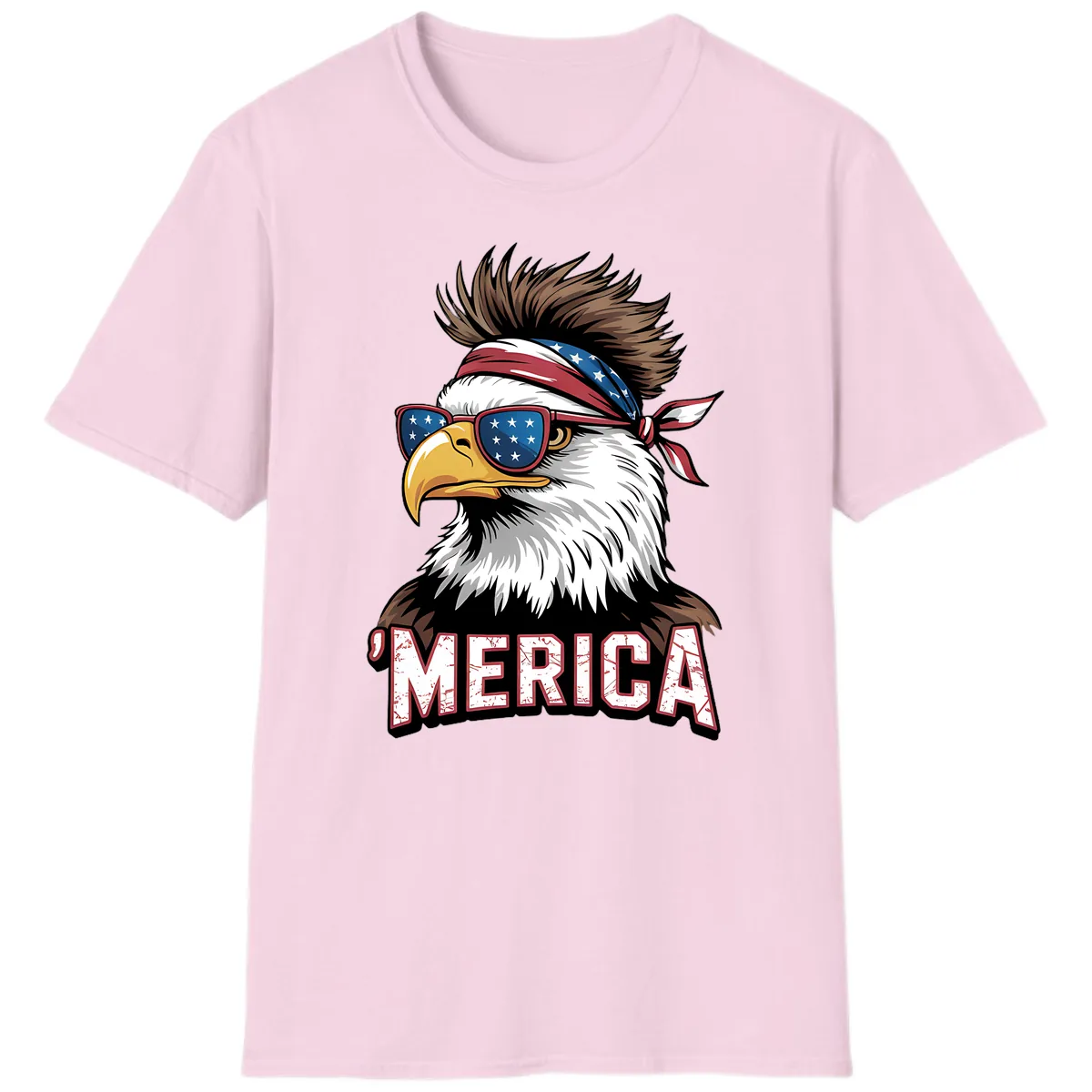 Merica Bald Eagle with USA Bandana and Shades T-Shirt in Light Pink