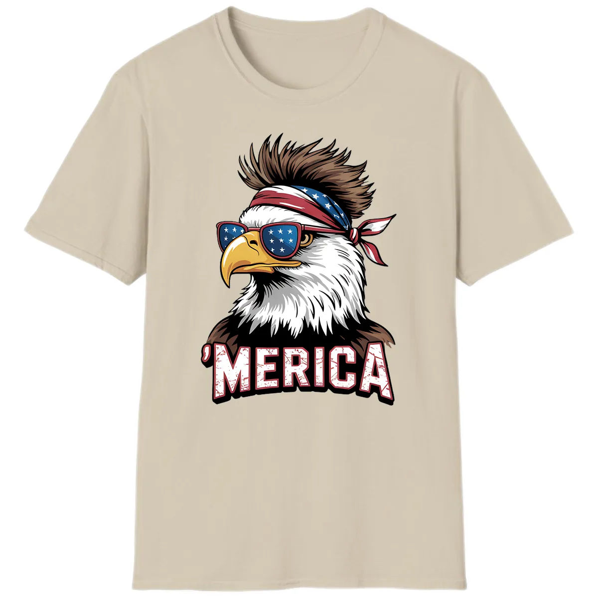 Merica Bald Eagle with USA Bandana and Shades T-Shirt in Sand