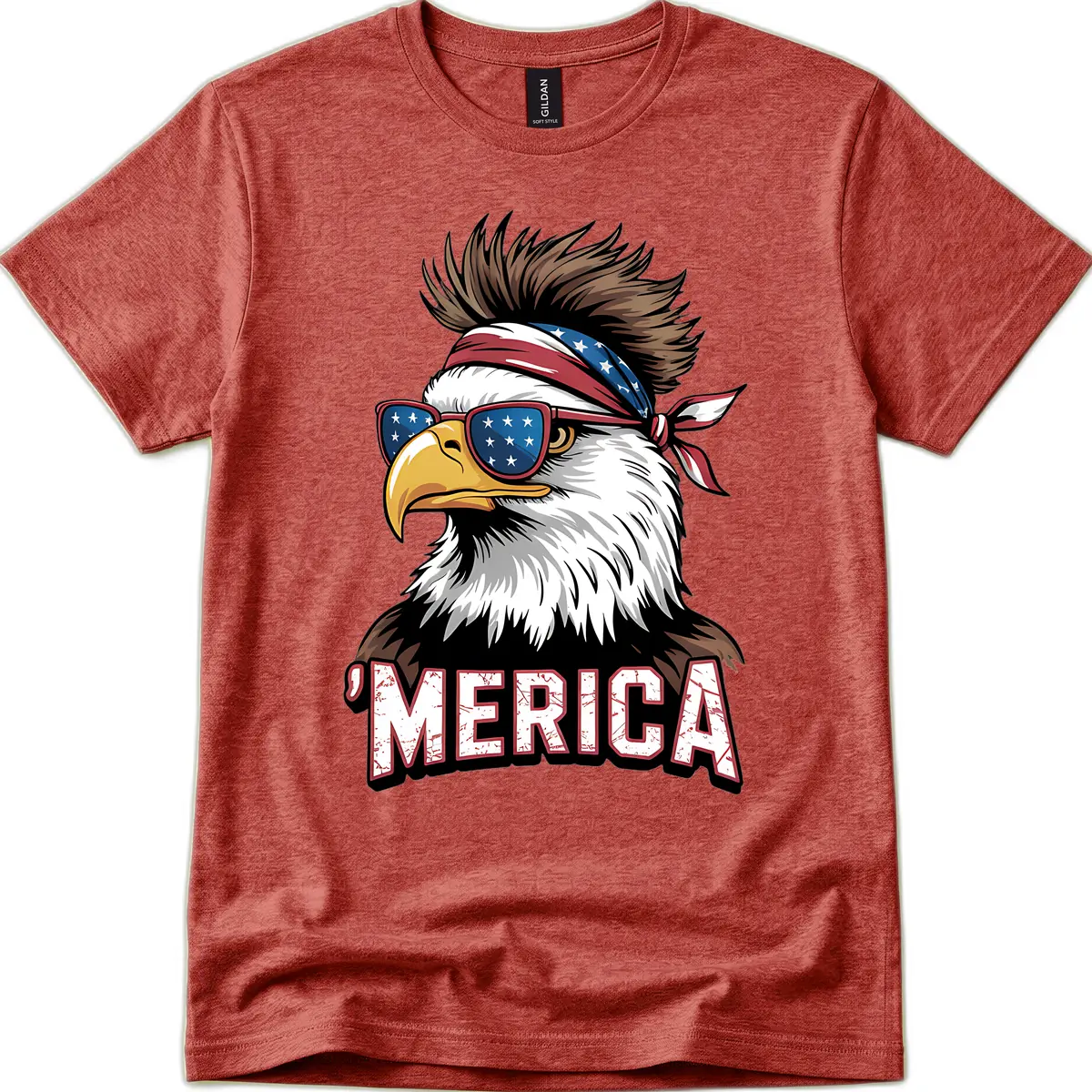 Merica Bald Eagle with USA Bandana and Shades T-Shirt in Heather Cardinal