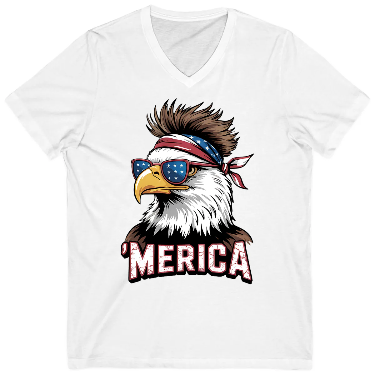 Merica Bald Eagle with USA Bandana and Shades V-Neck in White