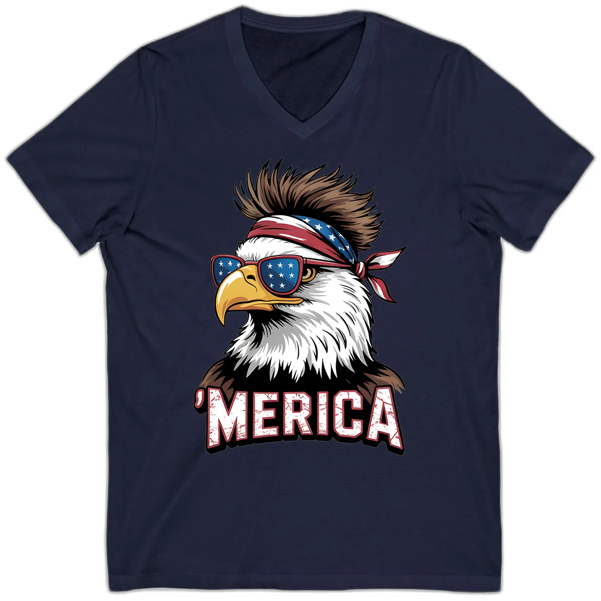 Merica Bald Eagle with USA Bandana and Shades V-Neck in Navy