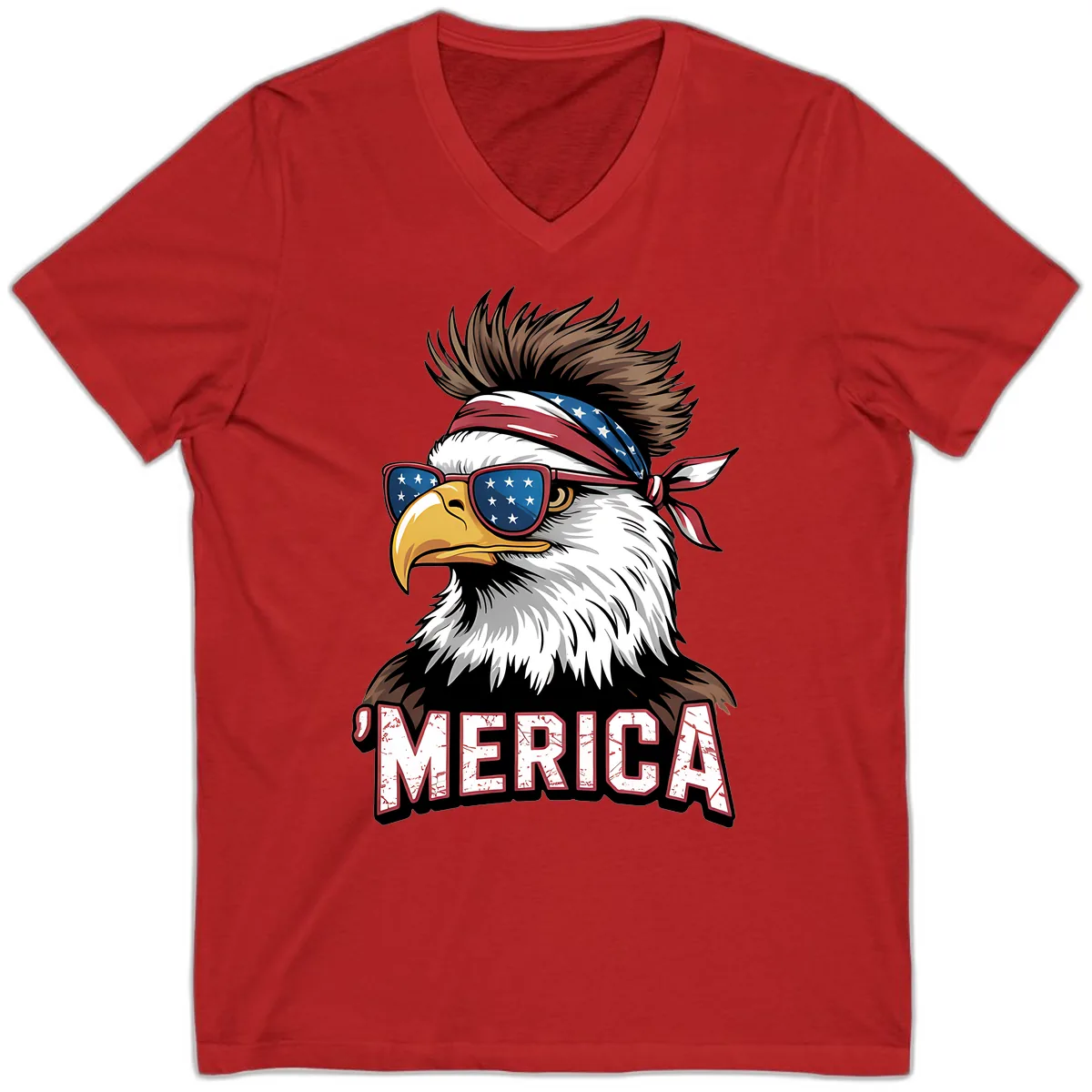 Merica Bald Eagle with USA Bandana and Shades V-Neck in Red