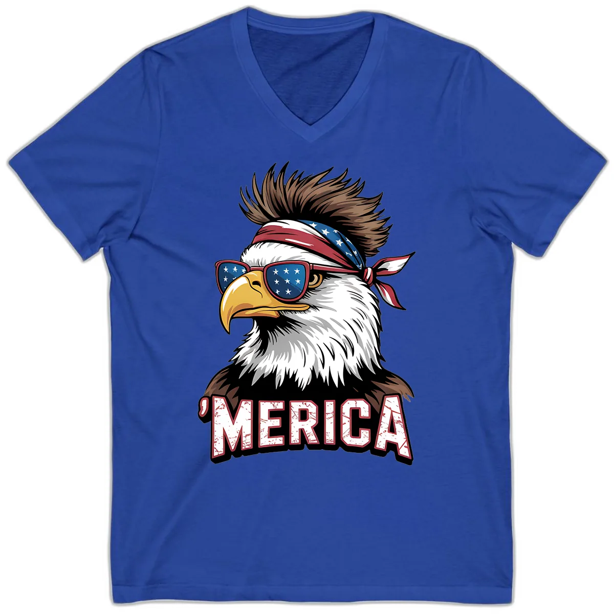 Merica Bald Eagle with USA Bandana and Shades V-Neck in True Royal