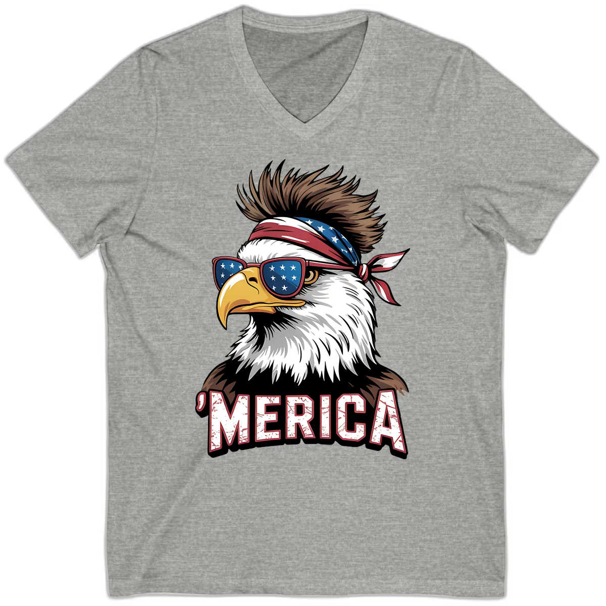 Merica Bald Eagle with USA Bandana and Shades V-Neck in Athletic Heather