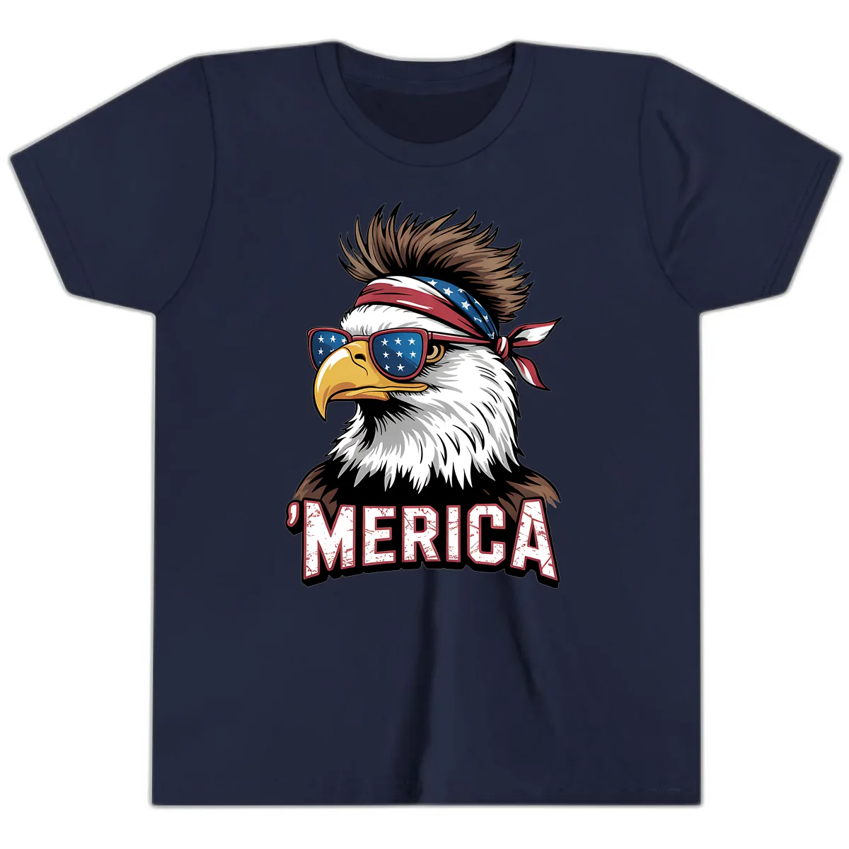 Merica Bald Eagle with USA Bandana and Shades Youth T-Shirt in Navy
